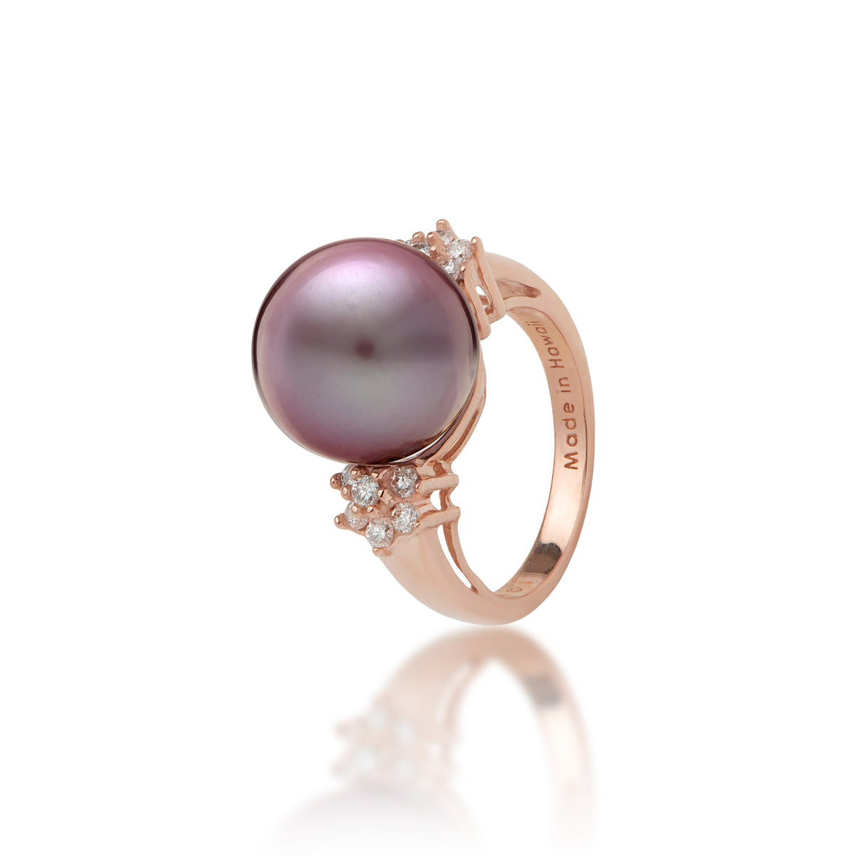 12-13mm Ultraviolet Freshwater Pearl Ring in 14k Rose Gold with Diamonds accents on each side placed on a white background