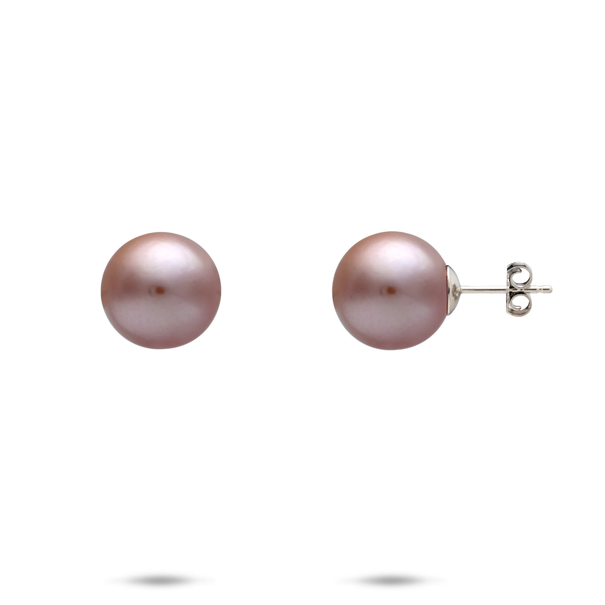 10-11mm Freshwater Lilac Pearl Earrings with 14k White Gold post and backing, placed on a white background