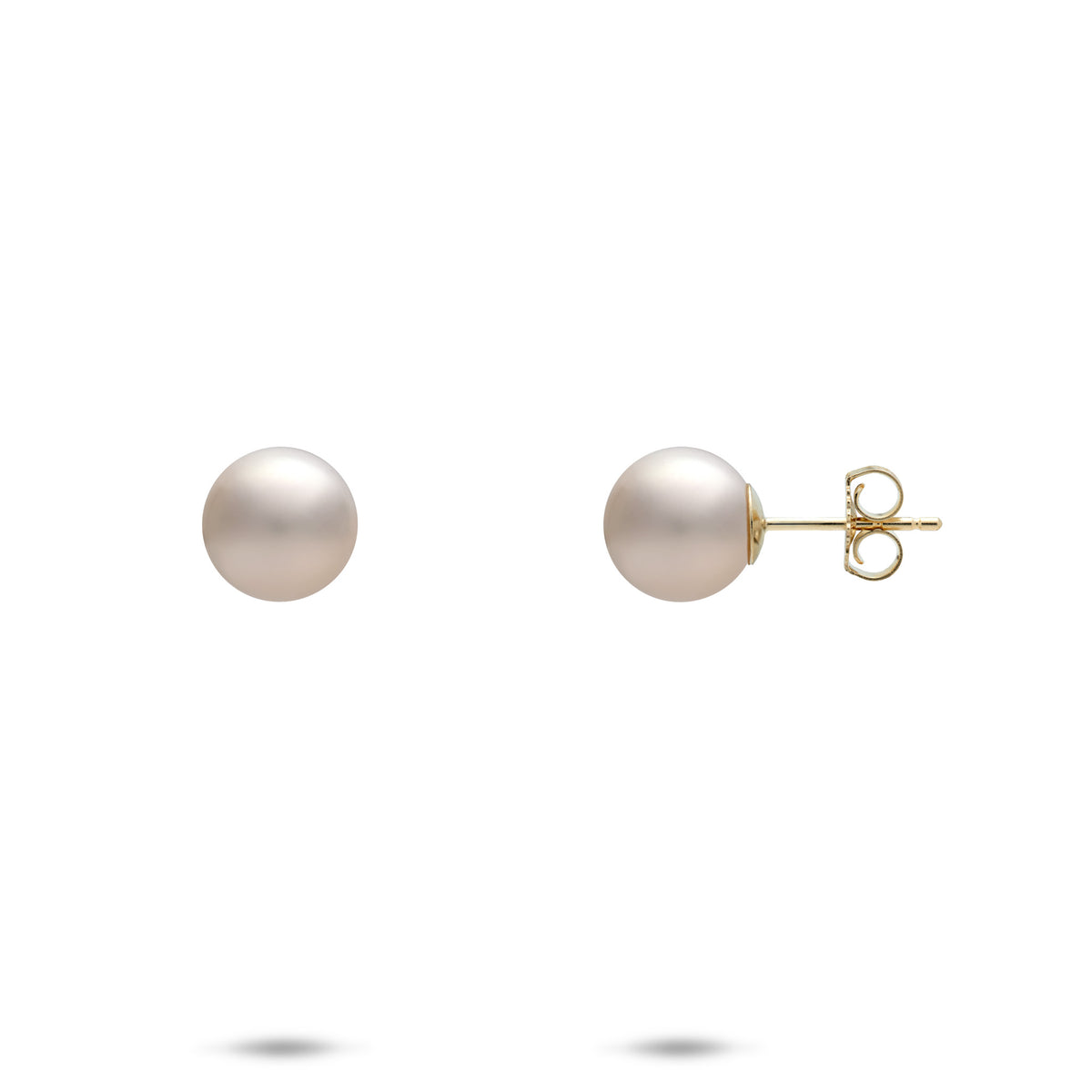 A pair of 7-8mm white Freshwater pearl stud earrings, shown with a front and side profile view of the butterfly backing, on a white background