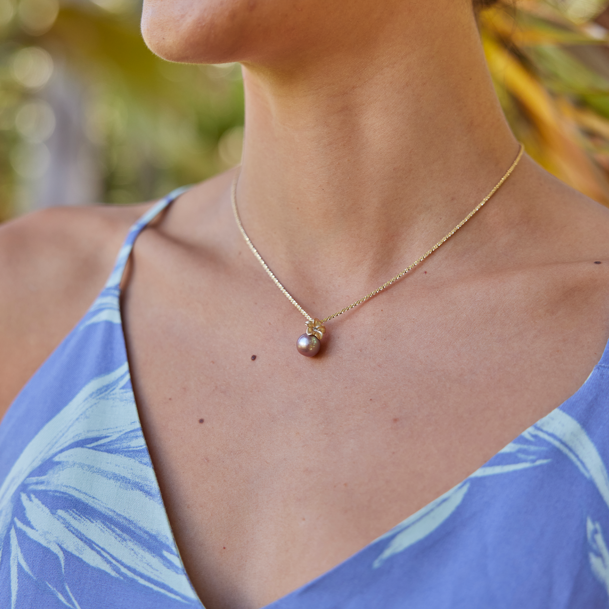 Plumeria Lilac Pendant les perles d'eau douce en or avec diamant - 9-10 mm