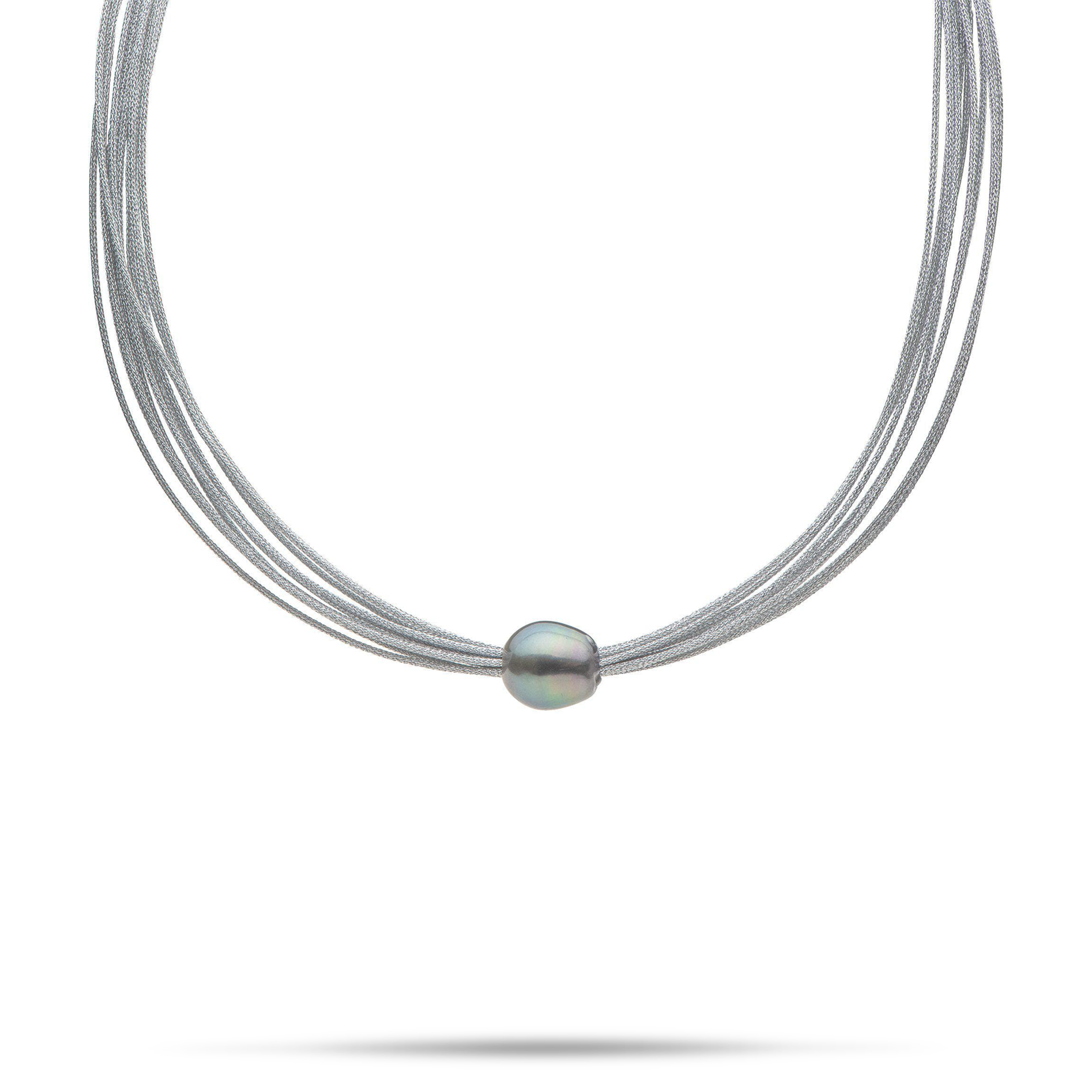 18" Tahitian Black Pearl Necklace in Stainless Steel - 12-14mm