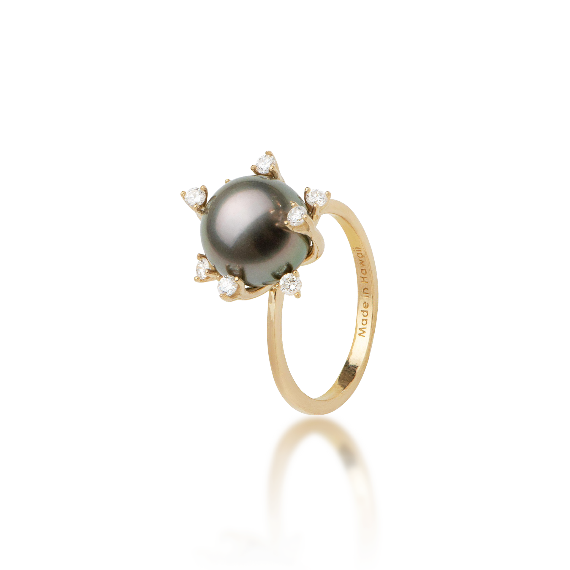 Protea Flower Tahitian Black Pearl Ring in Yellow Gold with Diamonds