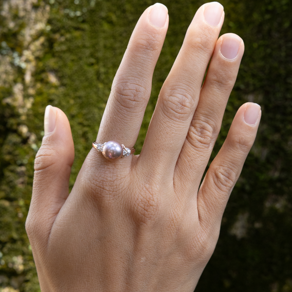 Lilac Freshwater Pearl Ring in Rose Gold with Diamonds - 9-10mm