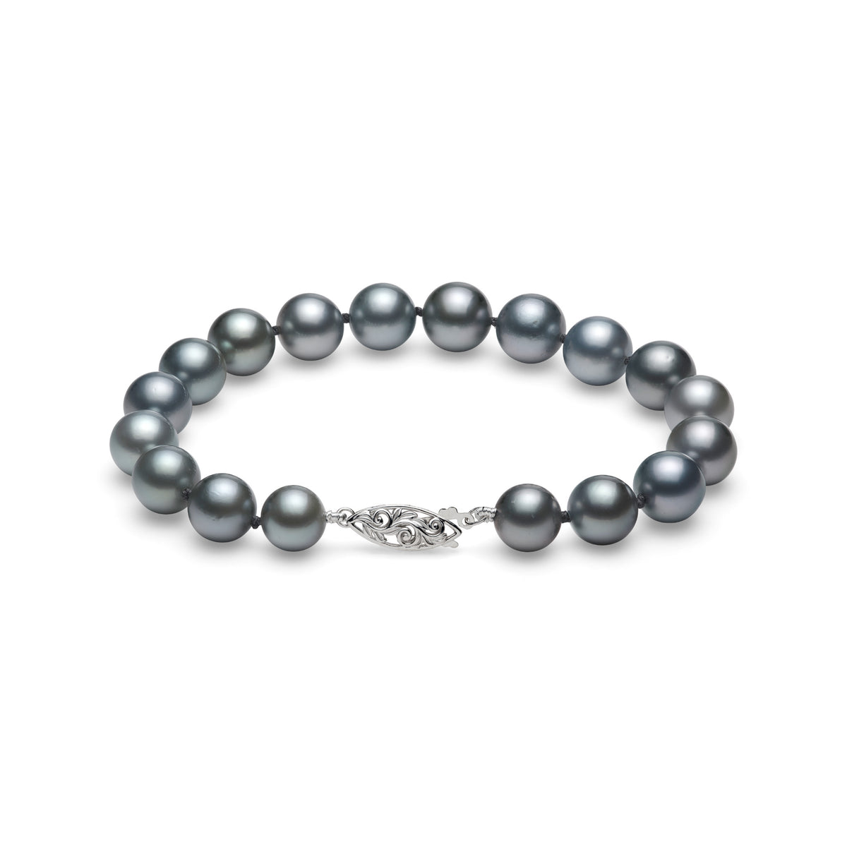 9-10mm Tahitian Black Pearl 8" Bracelet with a Living Heirloom Maile and Hapuu Fern Design White Gold clasp on a white background