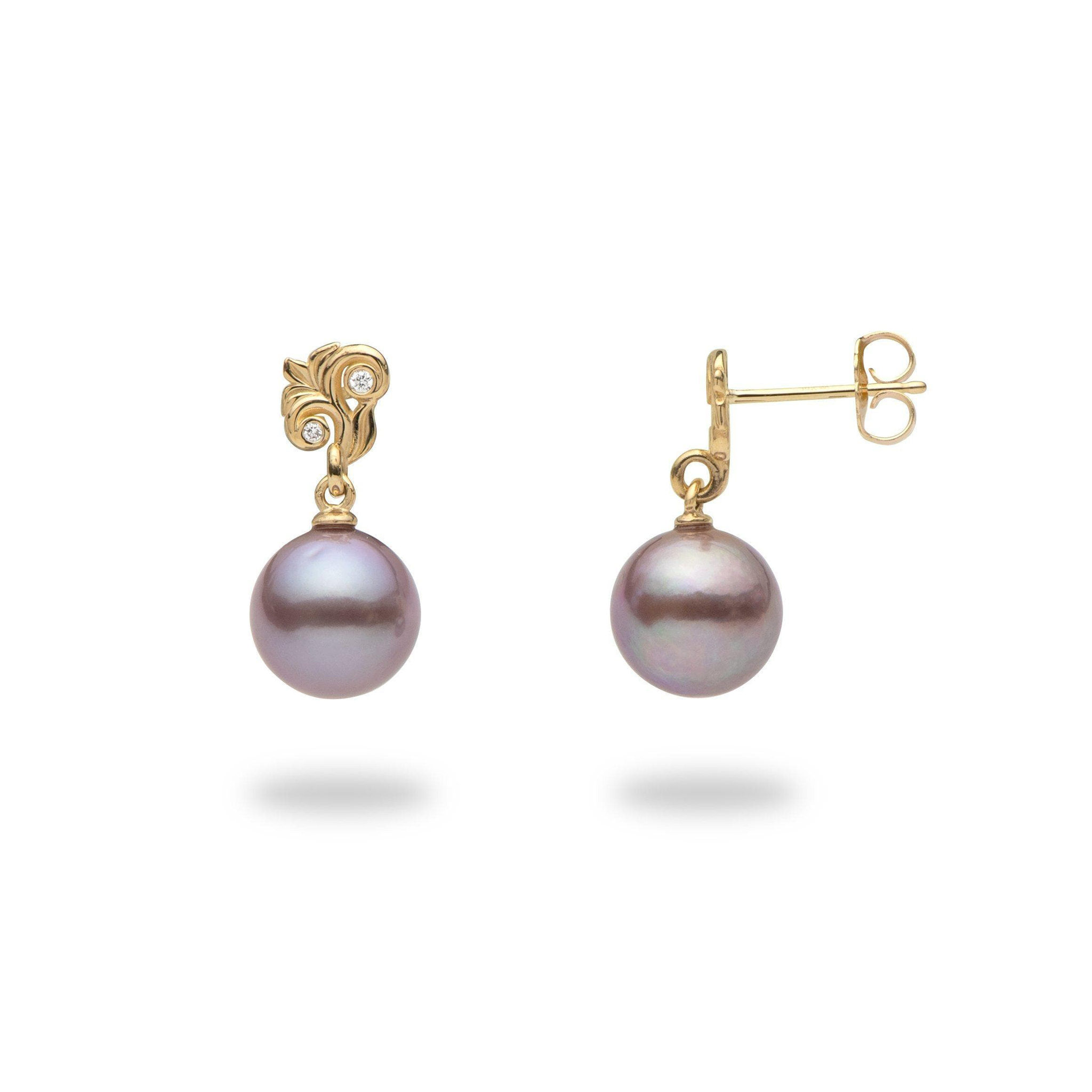 Living Heirloom Lilac Freshwater Pearl Earrings in Gold with Diamonds - 8mm