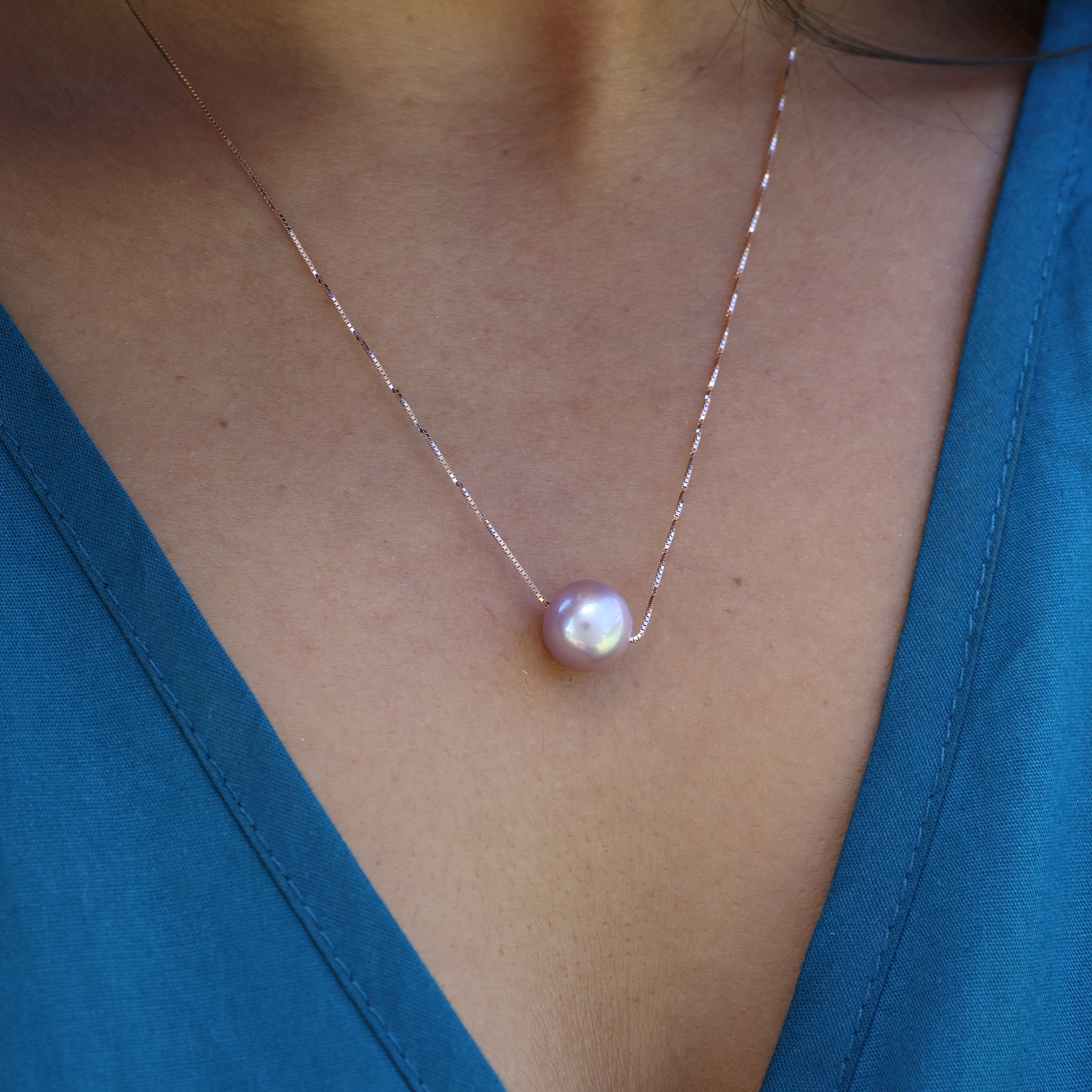 16-18 "Collier de perle flottant à eau douce réglable en or rose - 9-10 mm
