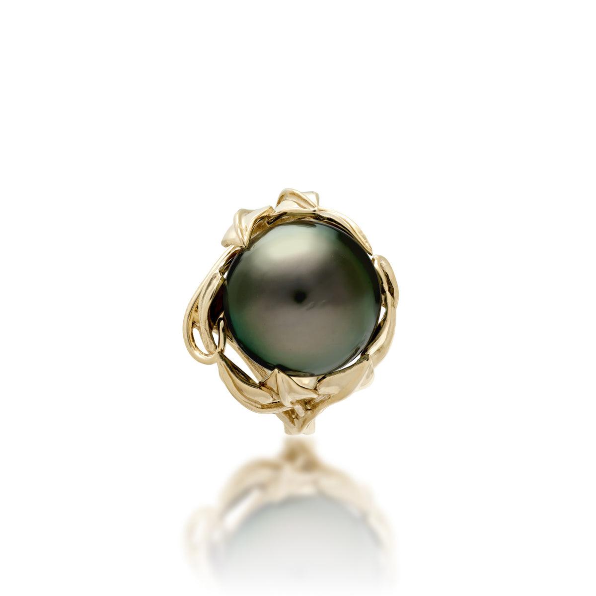 Top view of a 12-13mm Tahitian Black Pearl with Maile leaf crown Ring in Gold on a white background