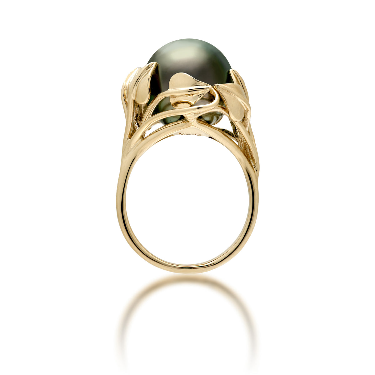 Profile view of a 12-13mm Tahitian Black Pearl with Maile leaf crown Ring in Gold on a white background
