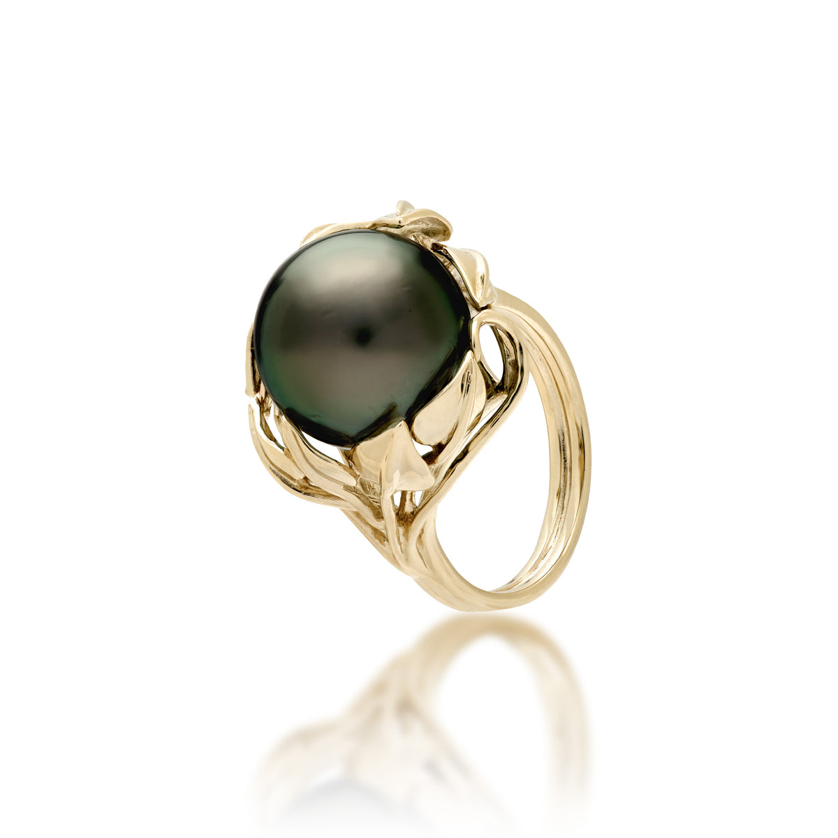 12-13mm Tahitian Black Pearl with Maile leaf crown Ring in Gold on a white background