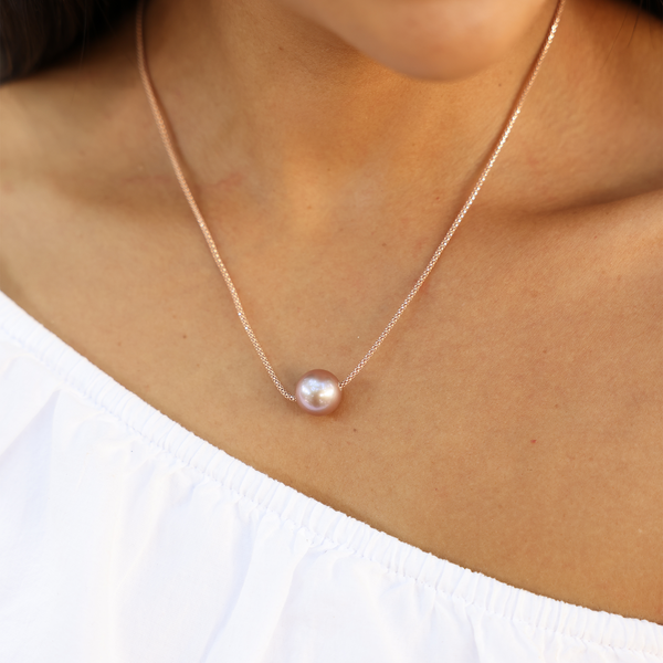 16-18" Adjustable Lilac Freshwater Floating Pearl Necklace in Rose Gold - 13-14mm