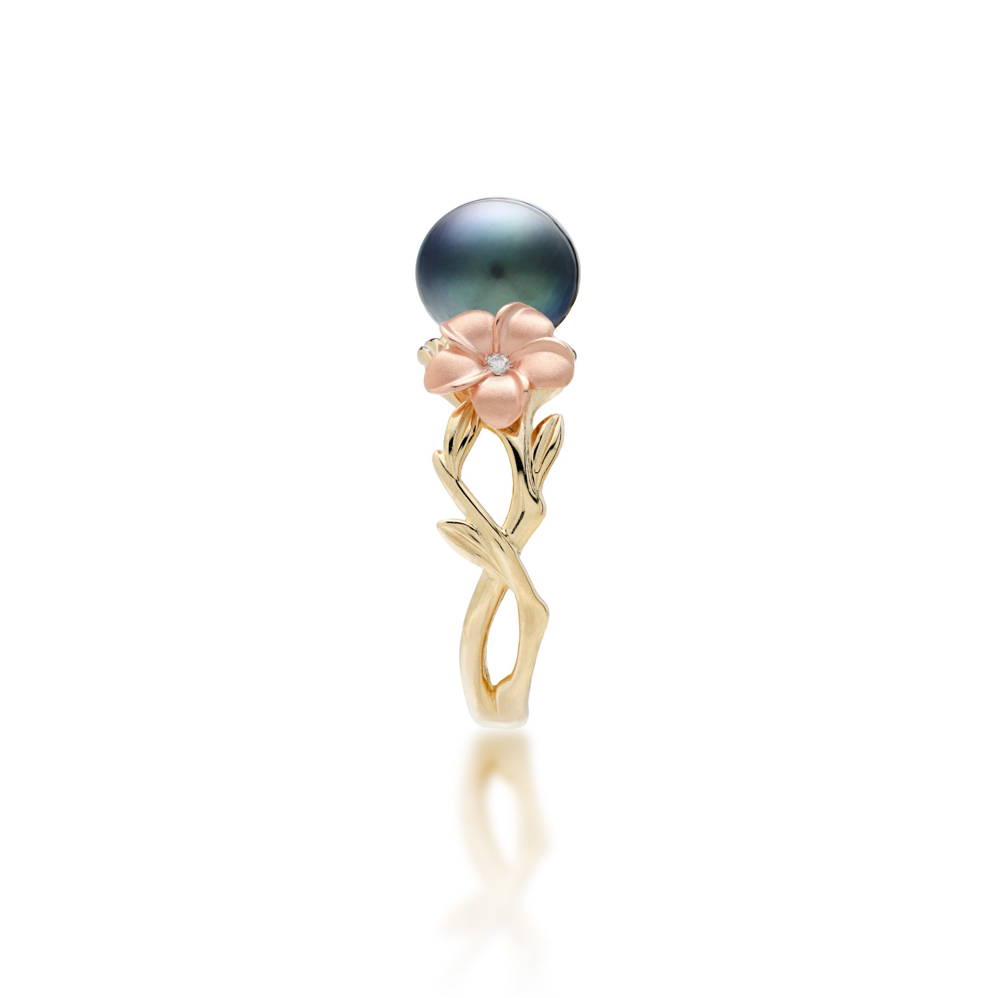 Right side view of the Pearls in Bloom Plumeria 8mm Tahitian Black Pearl Ring in Tri Color Gold with Diamonds on a white background