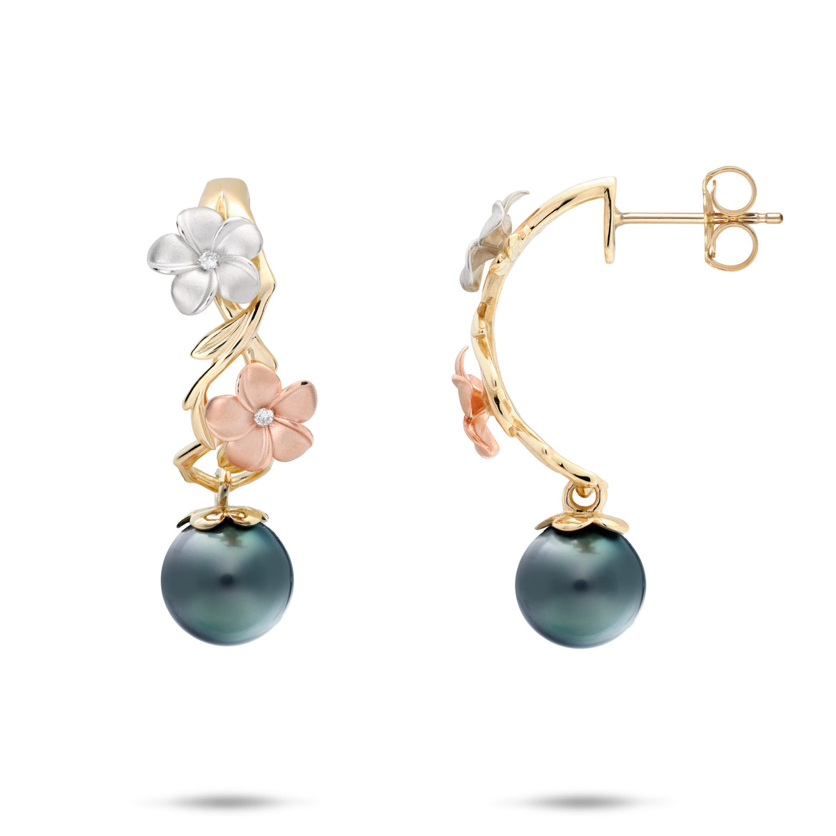 A pair of 14k yellow gold half-hoop earrings with a plumeria branch design with a diamond accented white gold plumeria and rose gold plumeria, and dangling Tahitian black pearl with a gold plumeria petal cap, shown with a front and side view with a butterfly back, on a white background