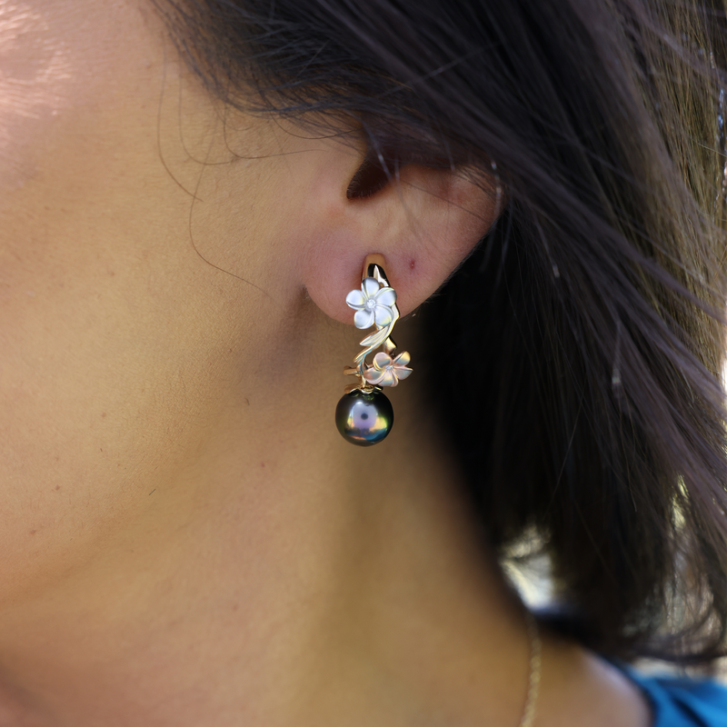 Pearls in Bloom Plumeria Tahitian Black Pearl Earrings in Tri Color Gold with Diamonds - 23mm