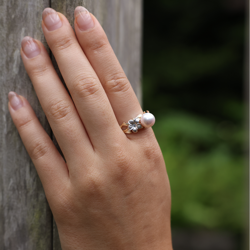 Plumeria Akoya White Pearl Ring in Rose, White, Yellow Gold Diamonds 5.25- Made in Hawaii