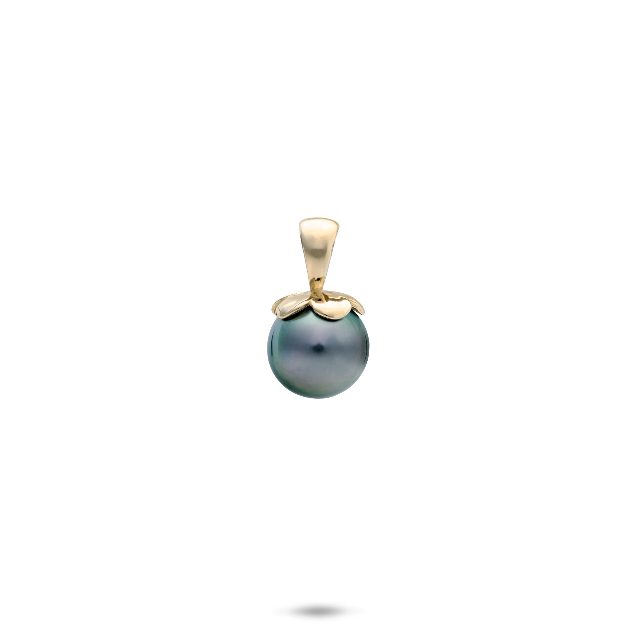 Pearls in Bloom Plumeria 8-9mm Tahitian Black Pearl Pendant in 14k Yellow Gold on a white background