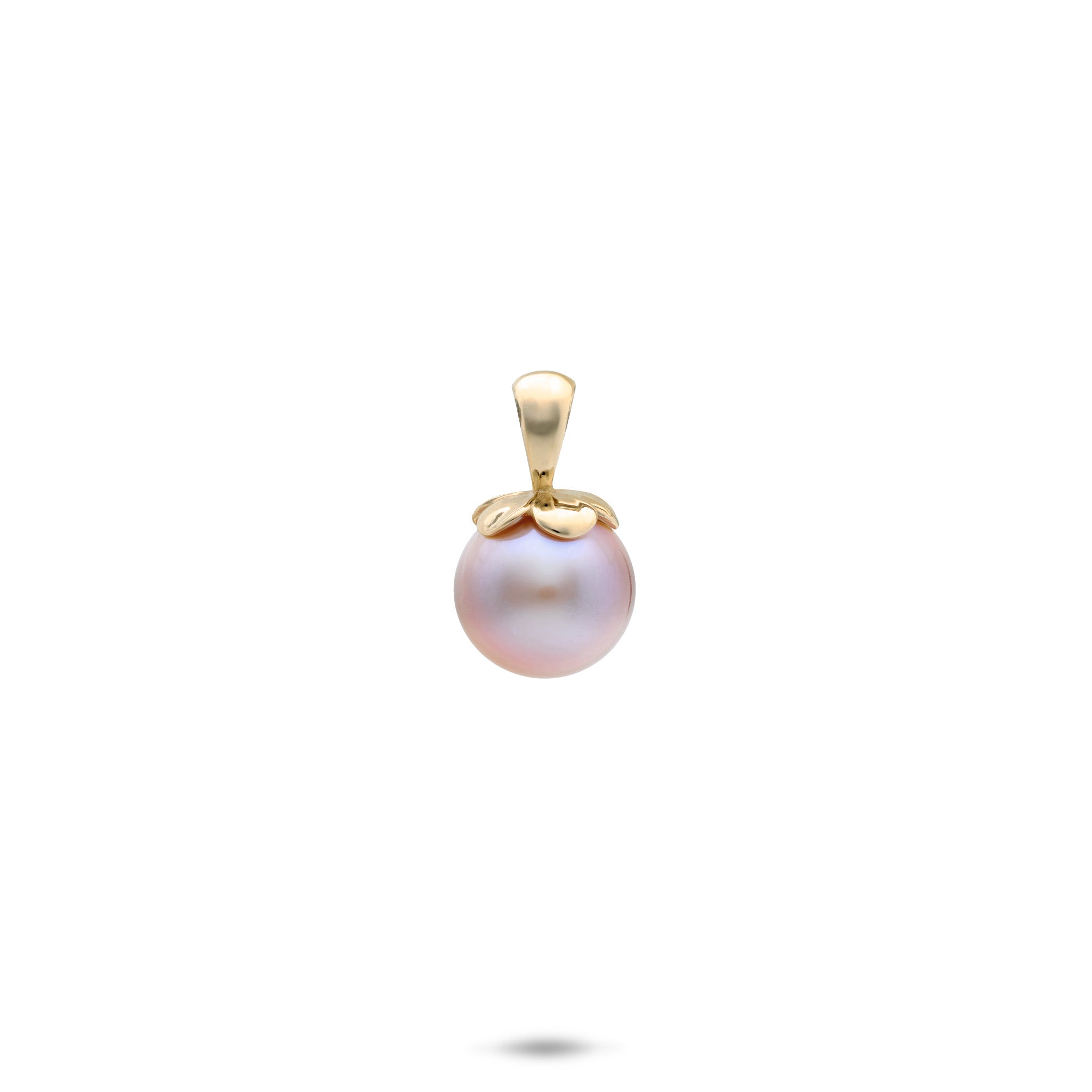 Pearls in Bloom Plumeria 8-9mm Lavender Freshwater Pearl Pendant in 14k Yellow Gold on a white background
