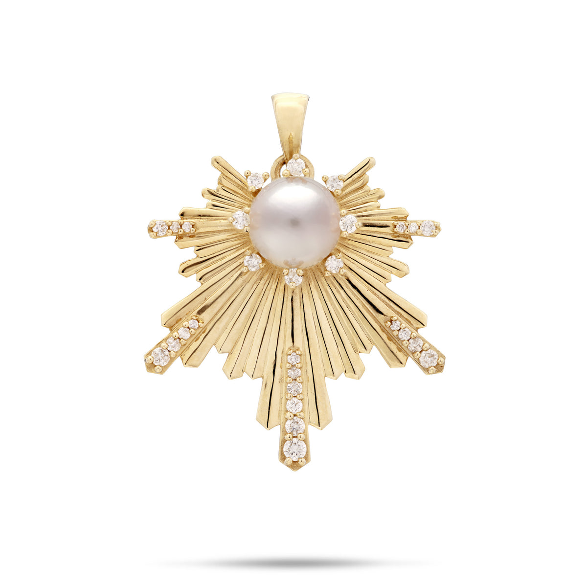 A 14k yellow gold Hawaiian Sunrise inspired pendant with dimensional rays of gold with diamonds at the ends and around an 8mm Akoya White Pearl and a high-polish bail at the top, shown on a white background