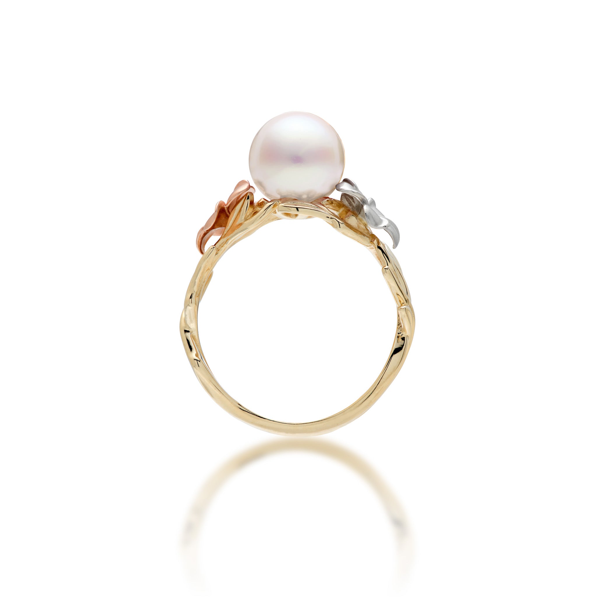 Plumeria Akoya White Pearl Ring in Tri Color Gold with Diamonds