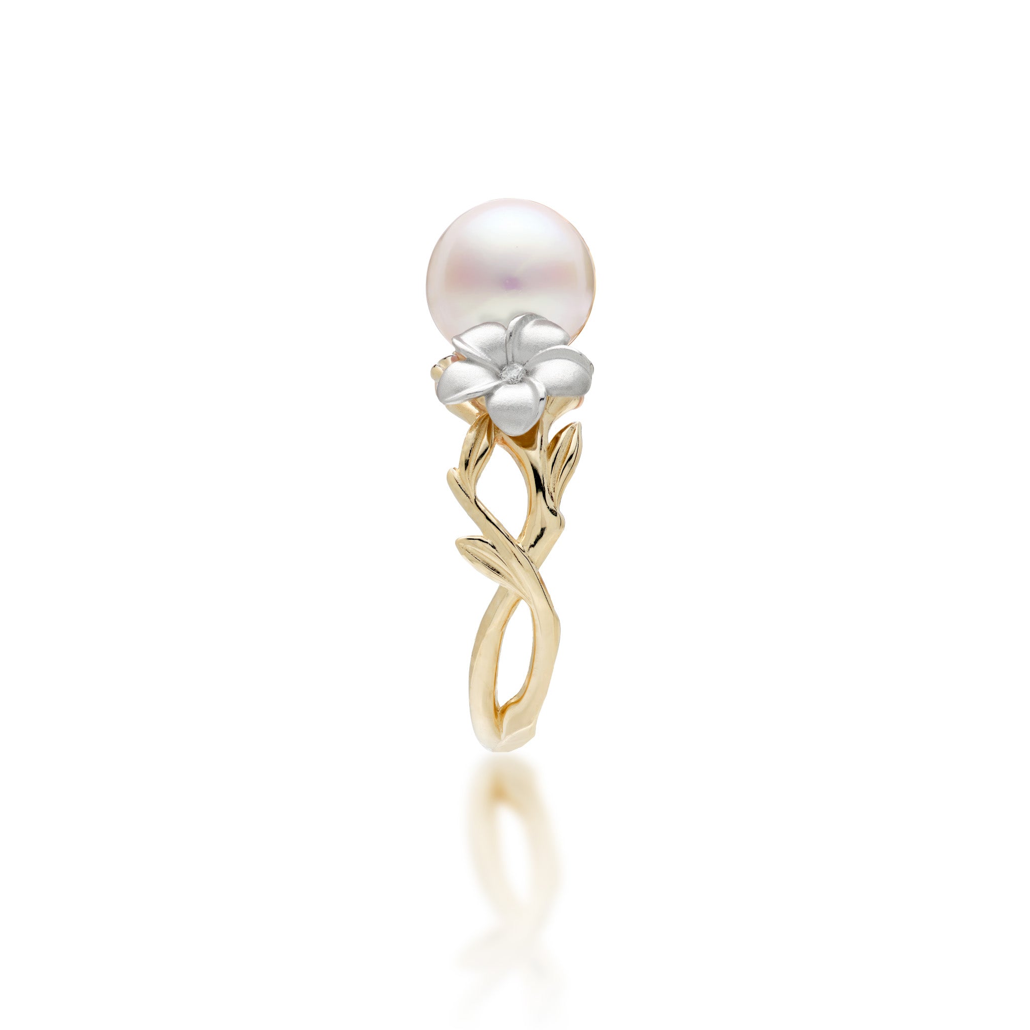 Plumeria Akoya White Pearl Ring in Tri Color Gold with Diamonds