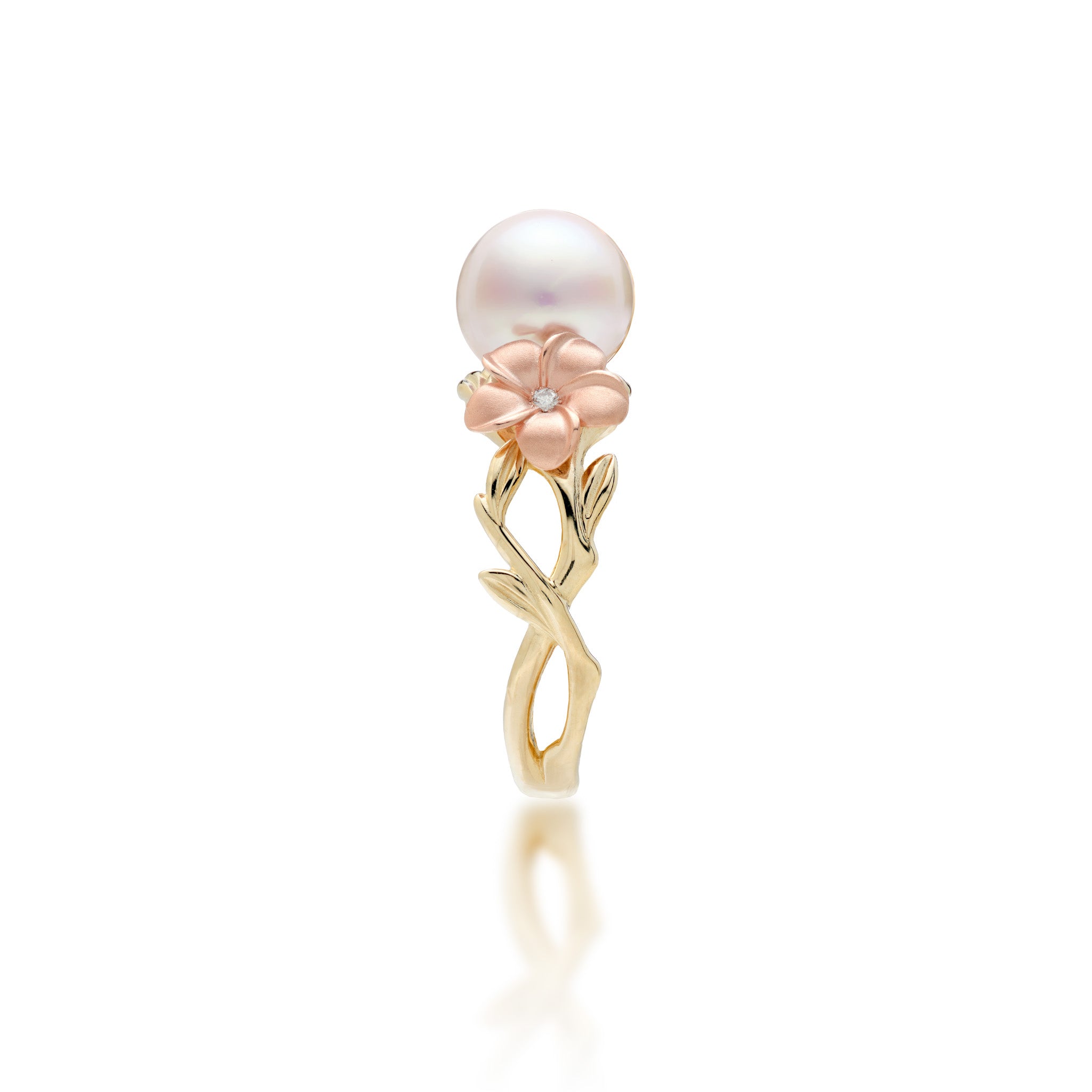 Plumeria Akoya White Pearl Ring in Tri Color Gold with Diamonds