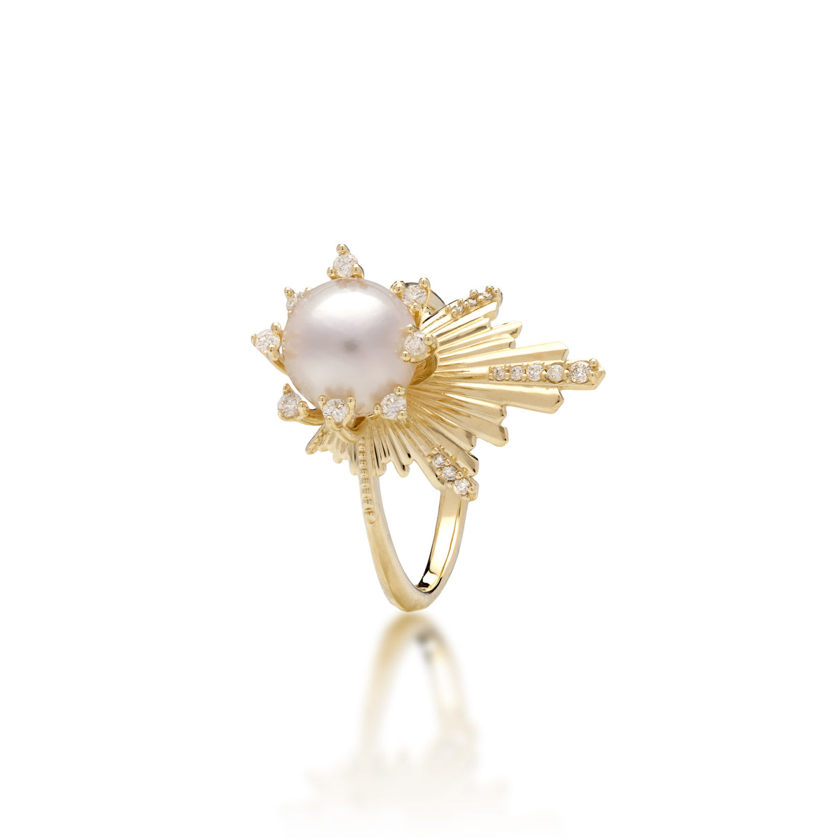 A 14k yellow gold Hawaiian sunrise-inspired ring featuring an 8mm Akoya white pearl at the center, surrounded by rays of gold with rows of diamonds at the top and sides and around the pearl, shown on a white background with a soft reflection.