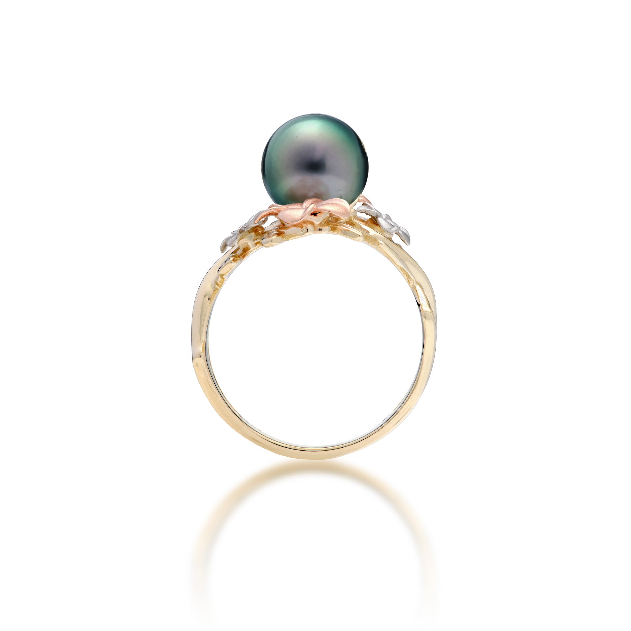 Plumeria Tahitian Black Pearl Ring in Tri Color Gold with Diamonds