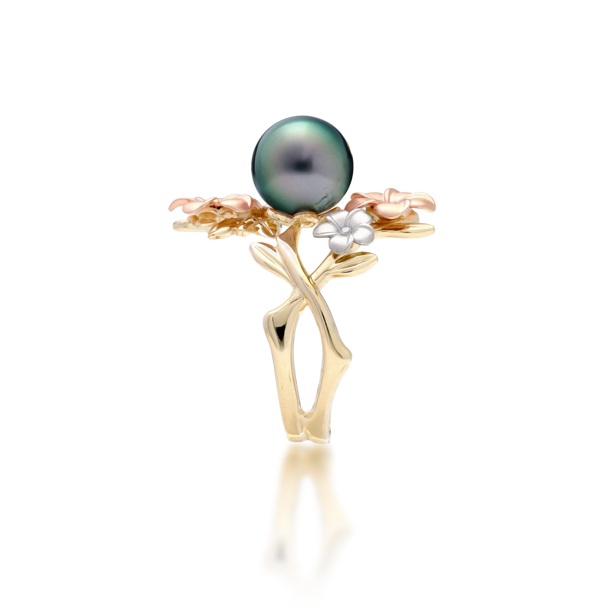 Plumeria Tahitian Black Pearl Ring in Tri Color Gold with Diamonds