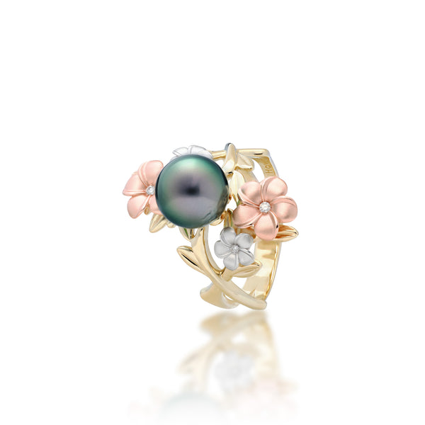 Plumeria Tahitian Black Pearl Ring in Tri Color Gold with Diamonds