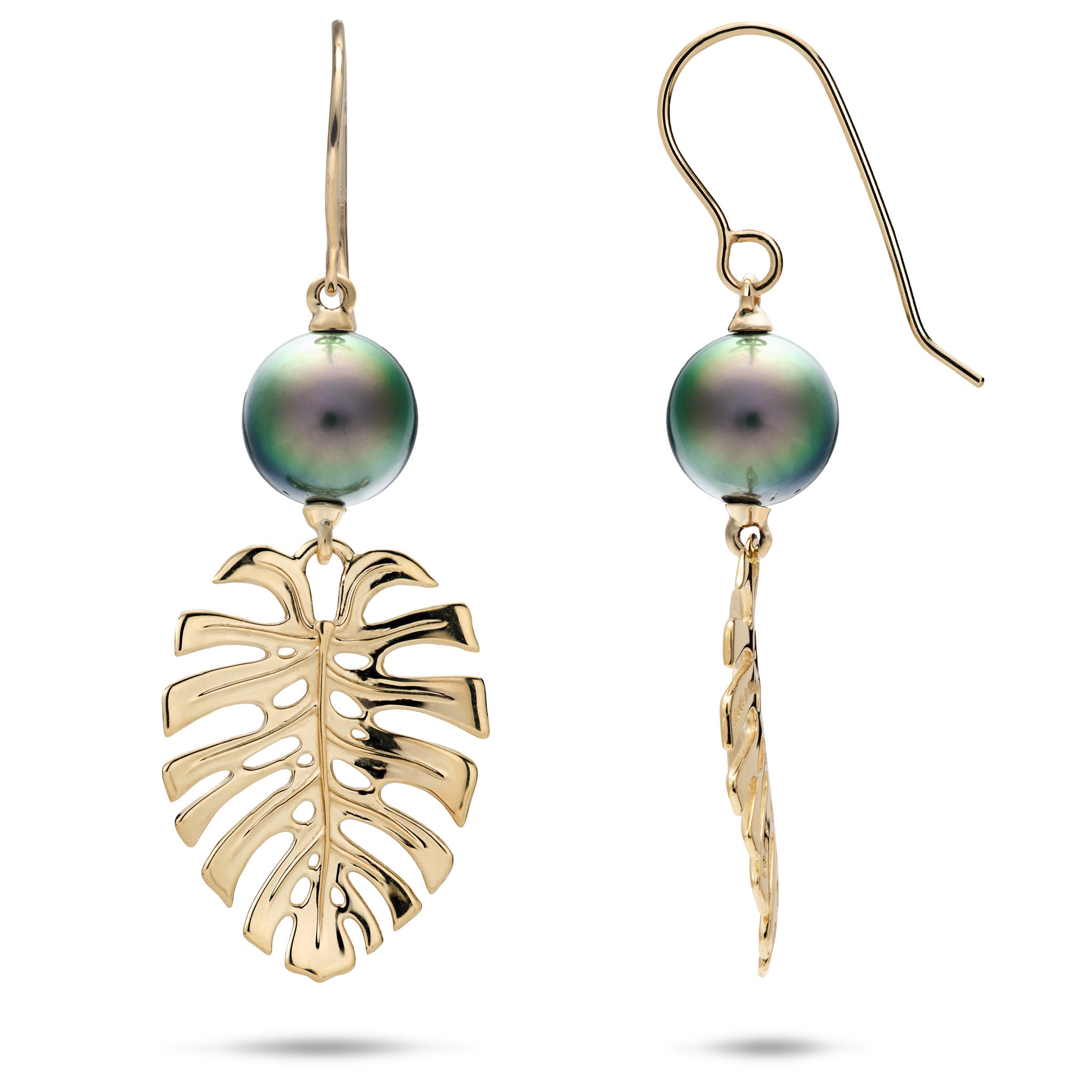 Monstera Tahitian Black Pearl Hook Earrings in 14k Yellow Gold on a white background