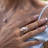 Pearls in Bloom Plumeria-Lavendel-Süßwasserperlen-Ring in dreifarbigem Gold mit Diamanten – 22 mm