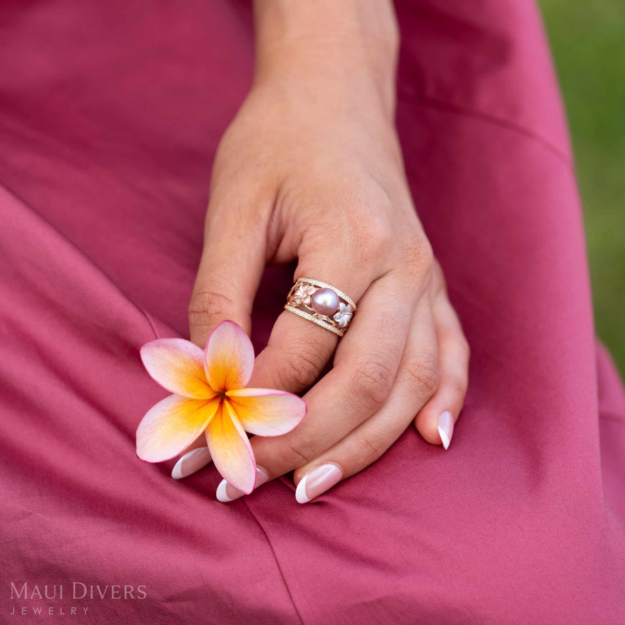 Plumeria Lavender Pearl Ring in Rose, White, Yellow Gold with Diamonds