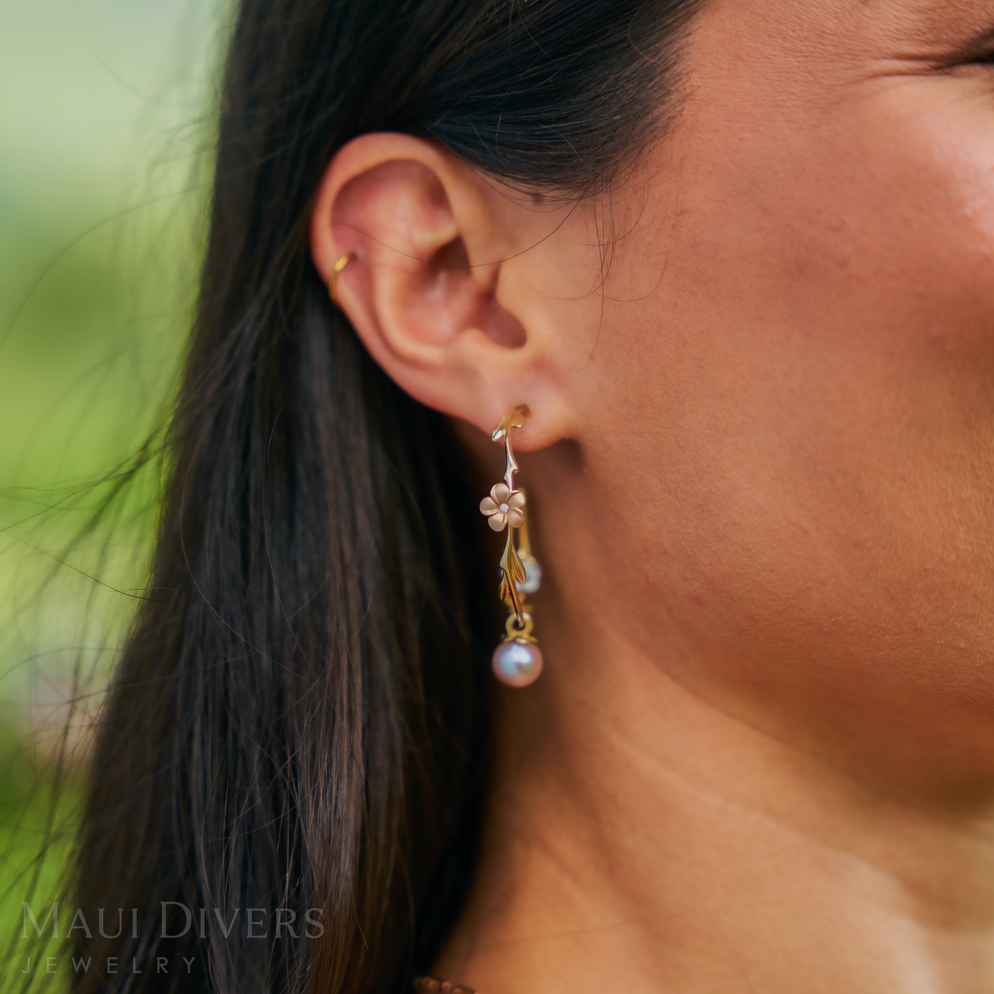 Pearls in Bloom Plumeria Lavender Freshwater Pearl Earrings in Tri Color Gold with Diamonds - 33mm