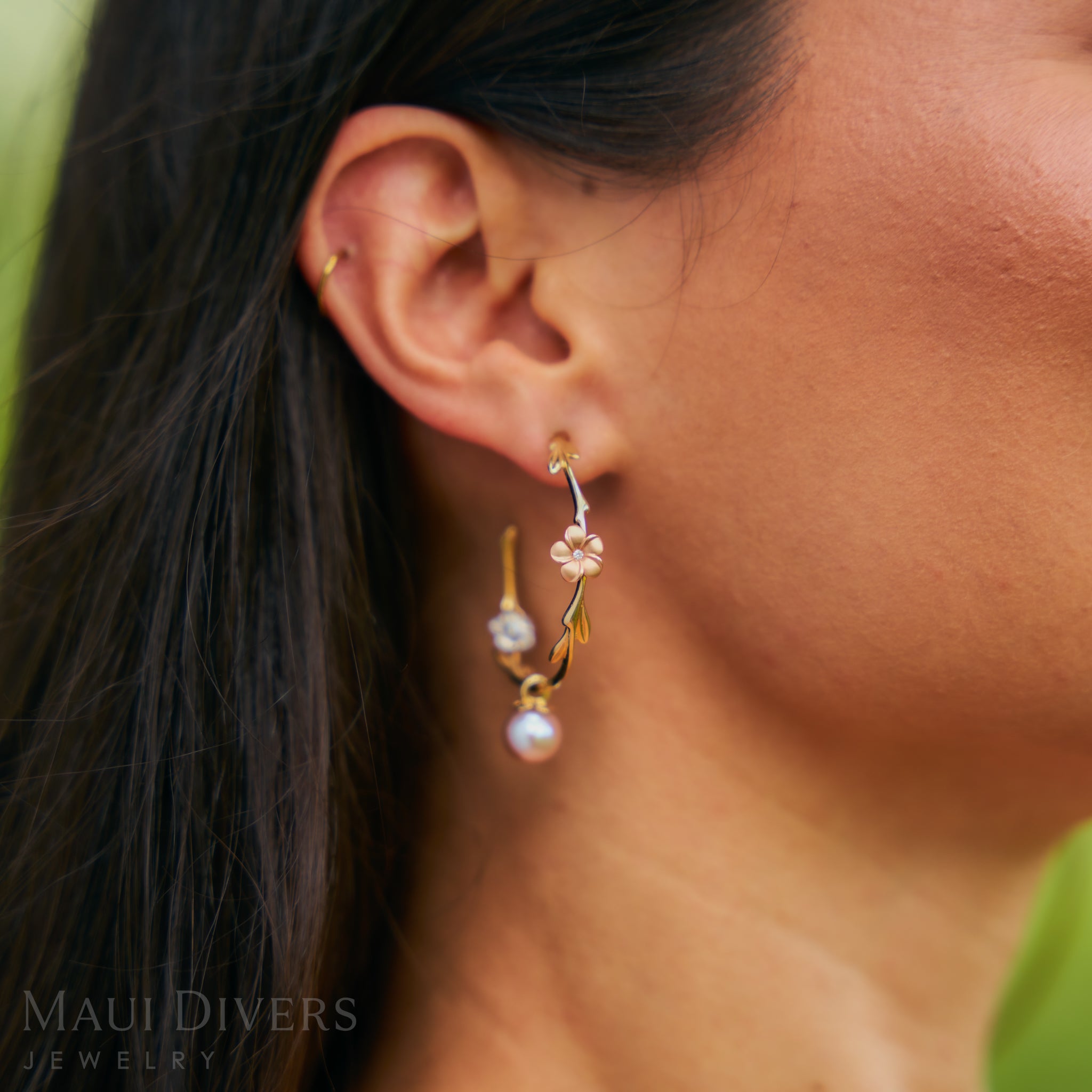 Pearls in Bloom Plumeria Lavender Freshwater Pearl Earrings in Tri Color Gold with Diamonds - 33mm