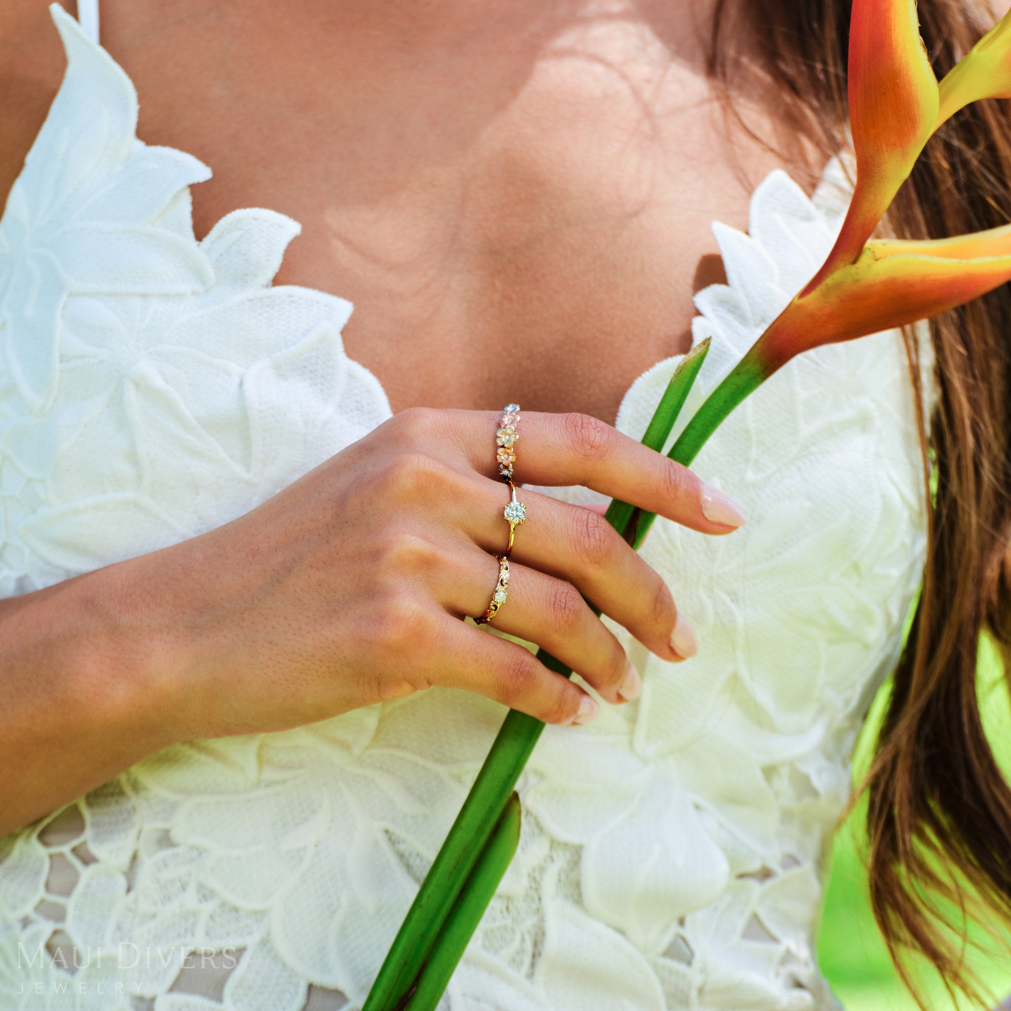 Plumeria Ring in Yellow, Rose, and White Gold with Diamonds