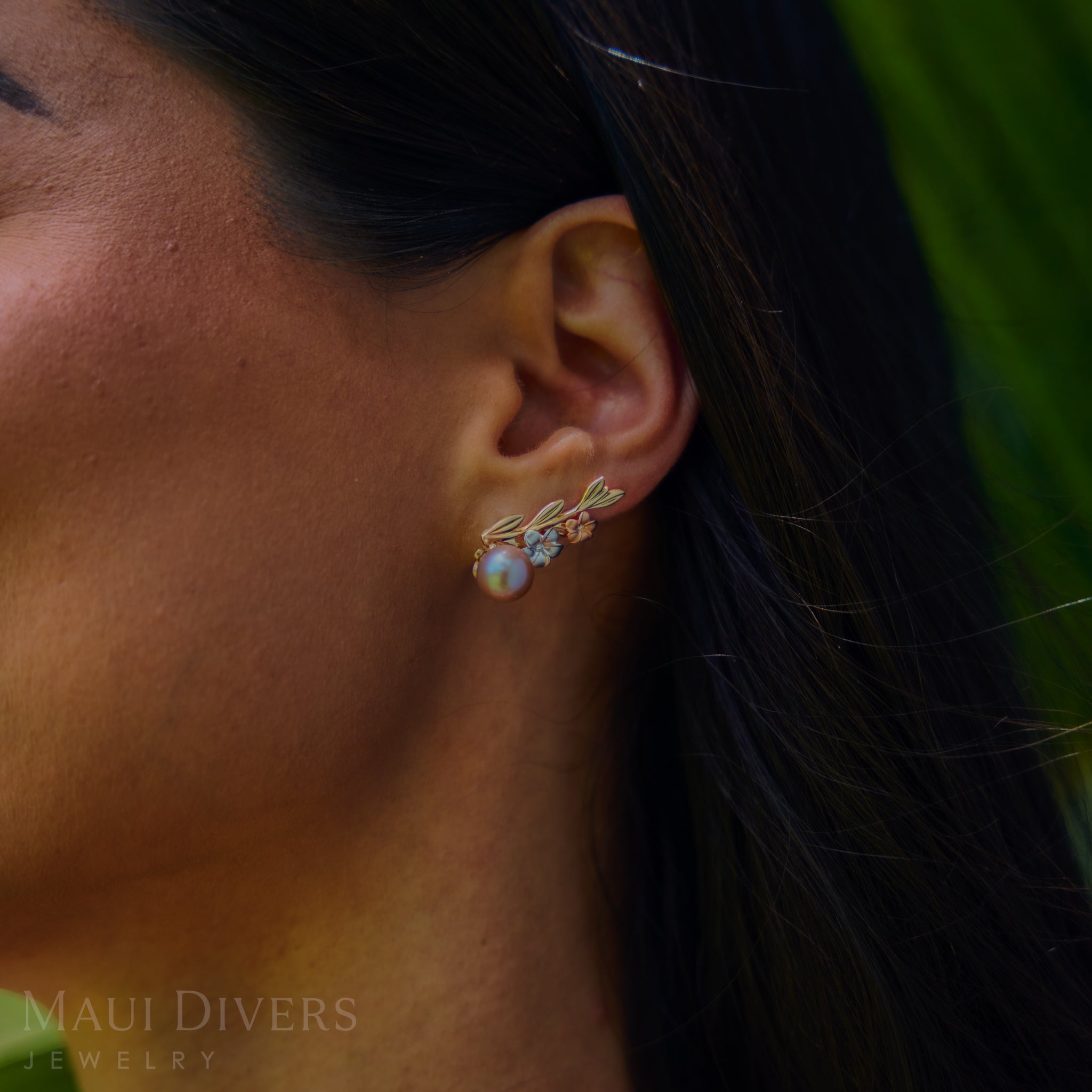 Plumeria Lavender Pearl Diamond Climber Earrings in Tri Color Gold