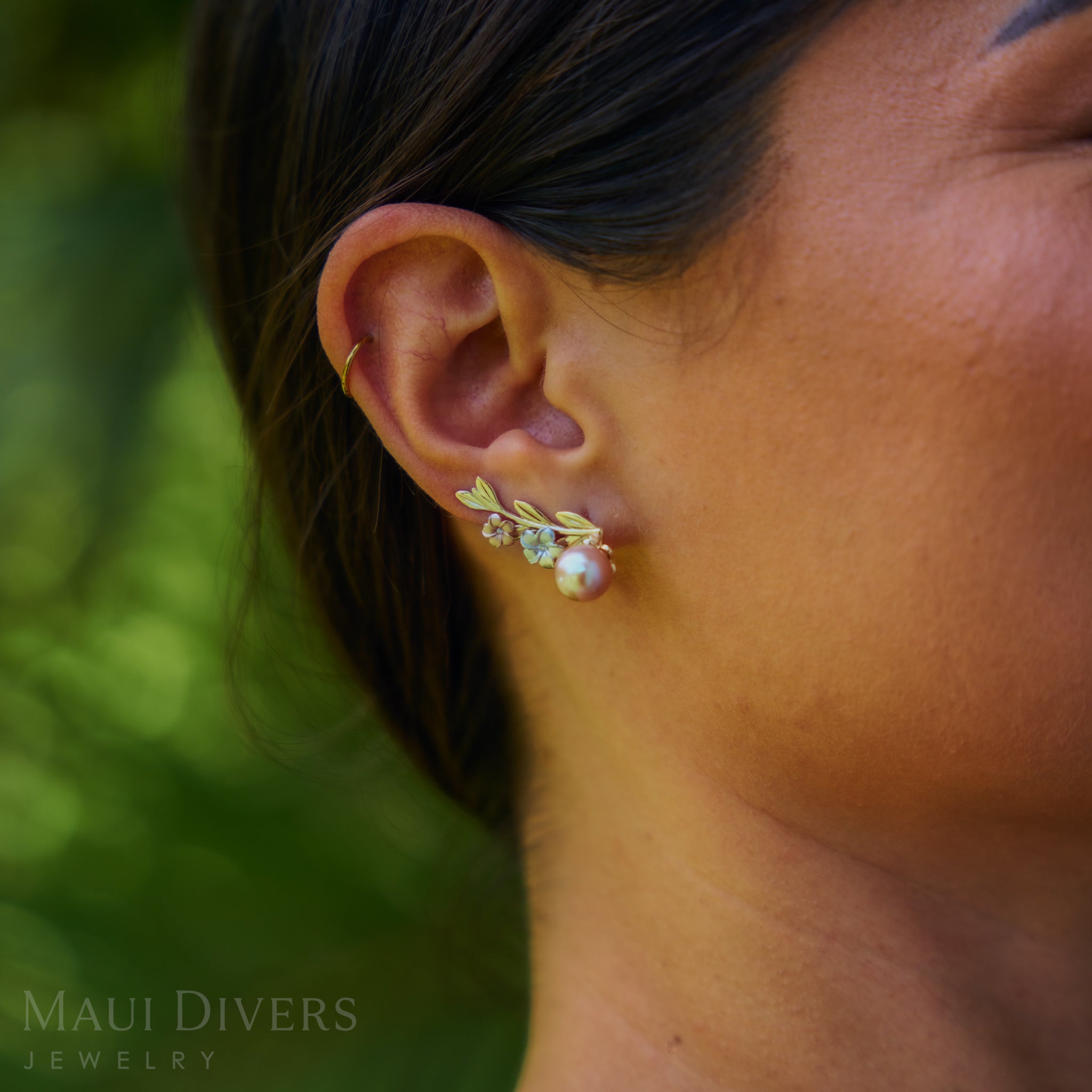 Plumeria Lavender Pearl Diamond Climber Earrings in Tri Color Gold