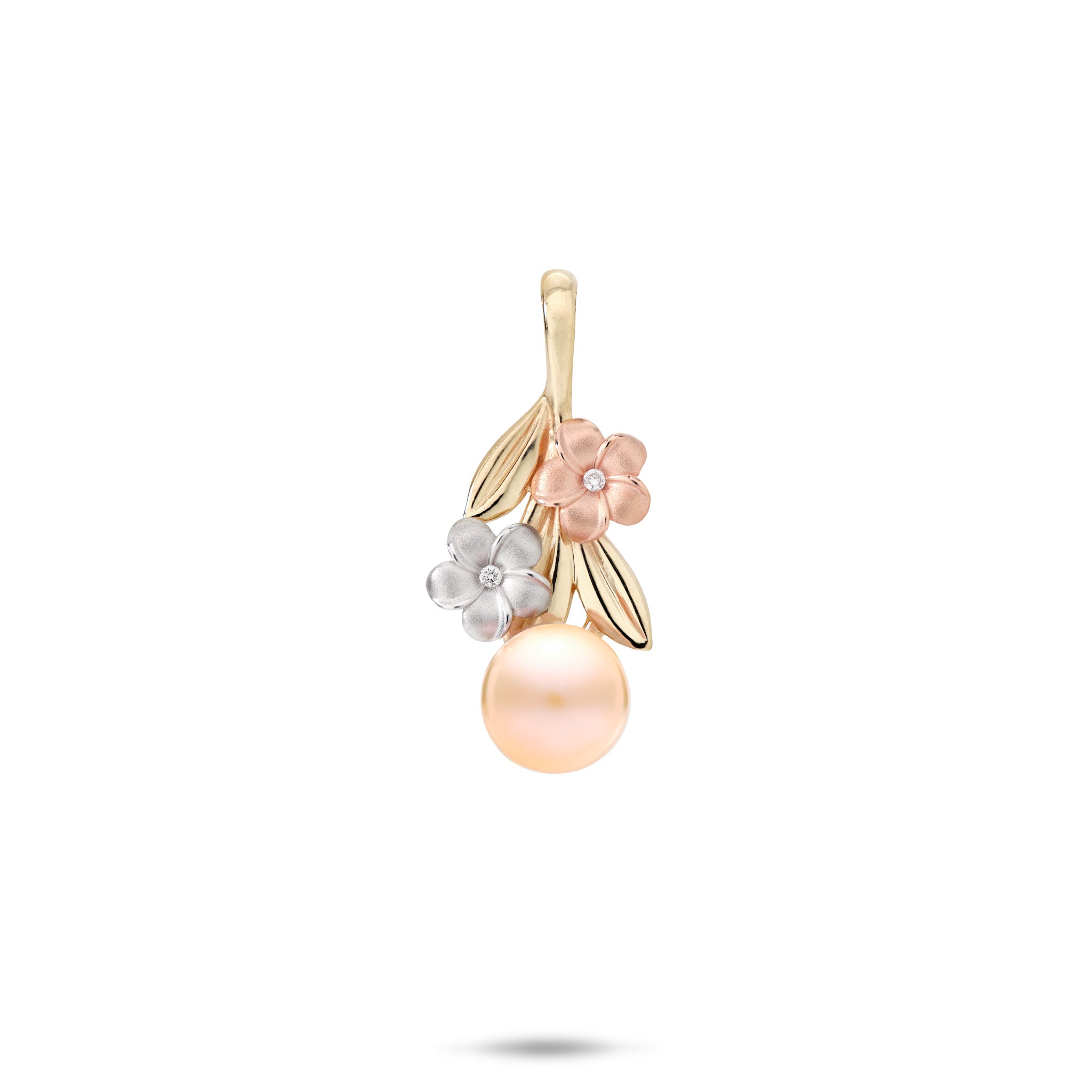 Pearls in Bloom Plumeria Peach Freshwater Pearl Pendant in Tri Color Gold with Diamonds on a white background