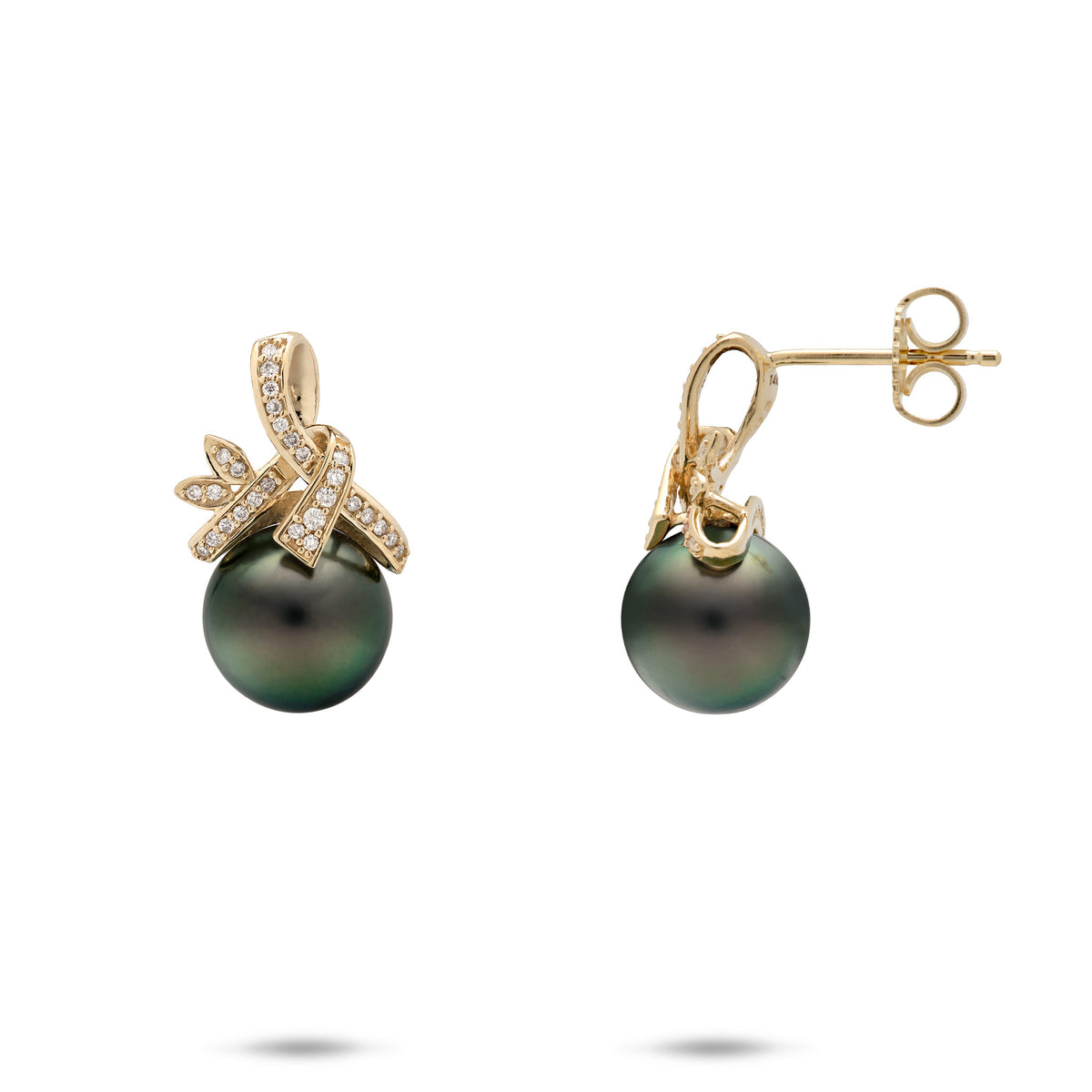 A pair of 14k yellow gold diamond ribbon stud earrings with Tahitian black pearls, shown with a front and side facing view with a butterfly backing against a white background