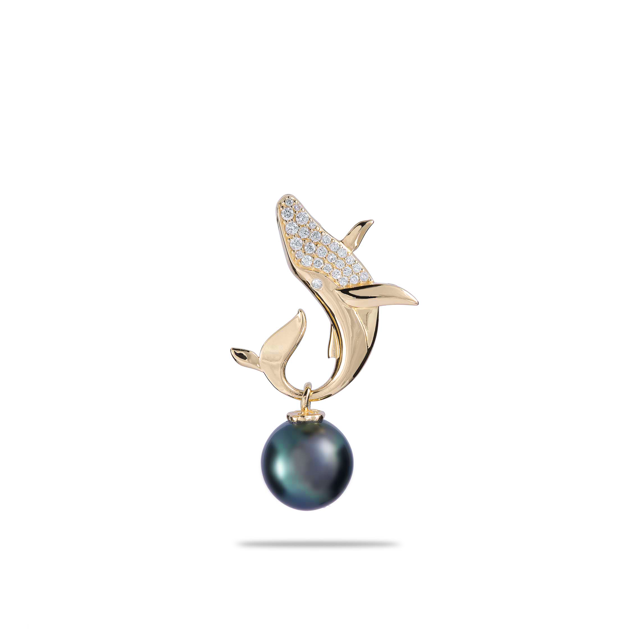 Ocean Dance Whale Tahitian Black Pearl Pendant in Gold with Diamonds - 9-10mm