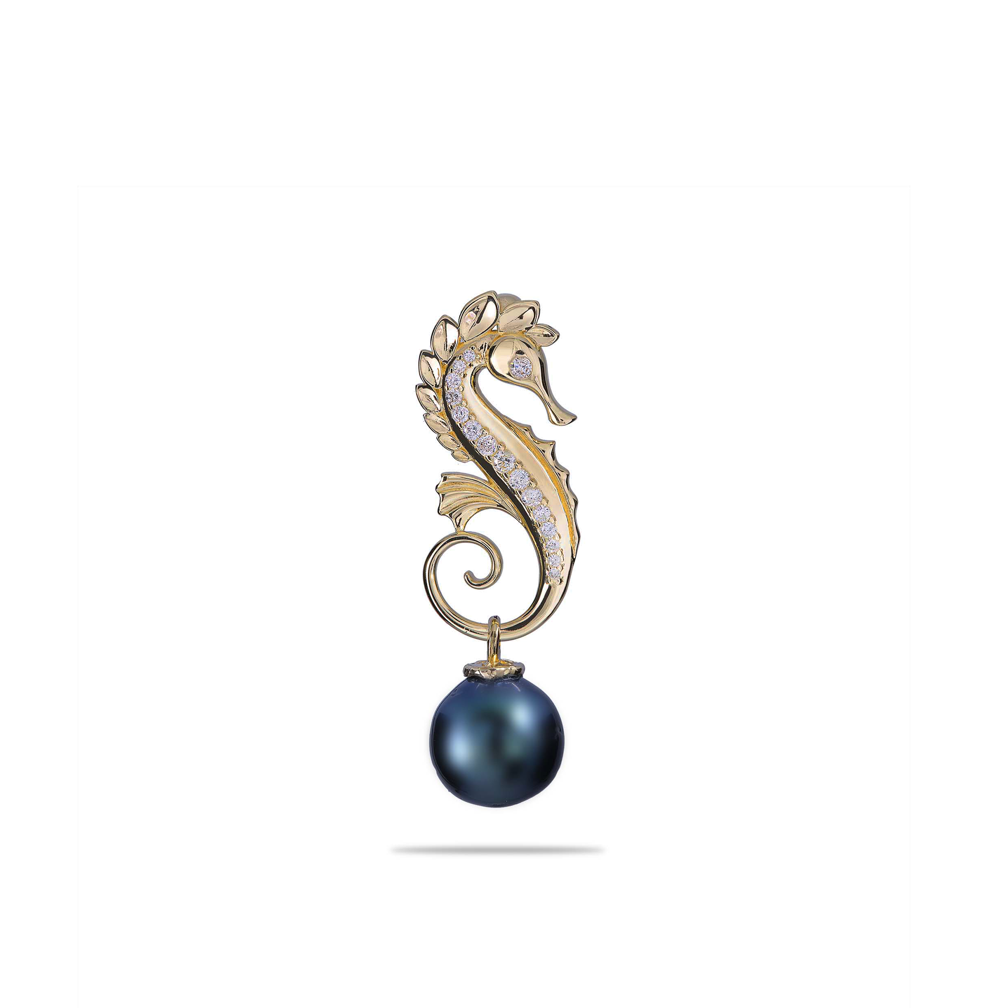 Ocean Dance Seahorse Tahitian Black Pearl Pendant in Gold with Diamonds - 9-10mm