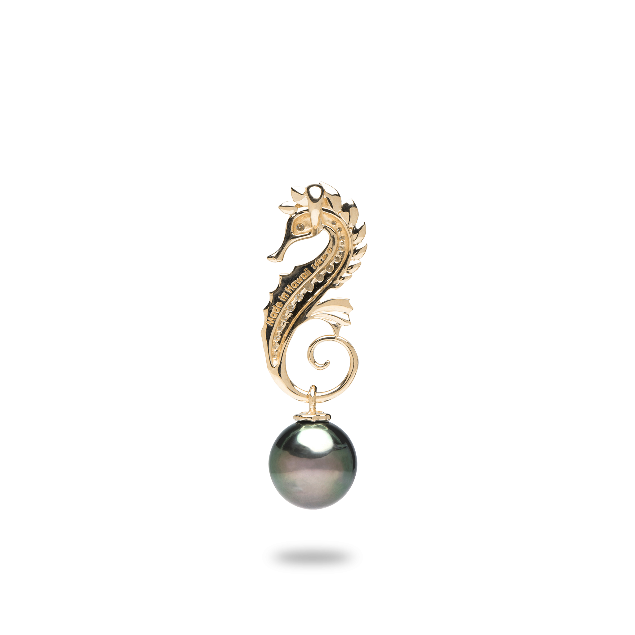 Ocean Dance Seahorse Anhänger mit schwarzer Tahitiperle in Gold mit Diamanten – 9–10 mm