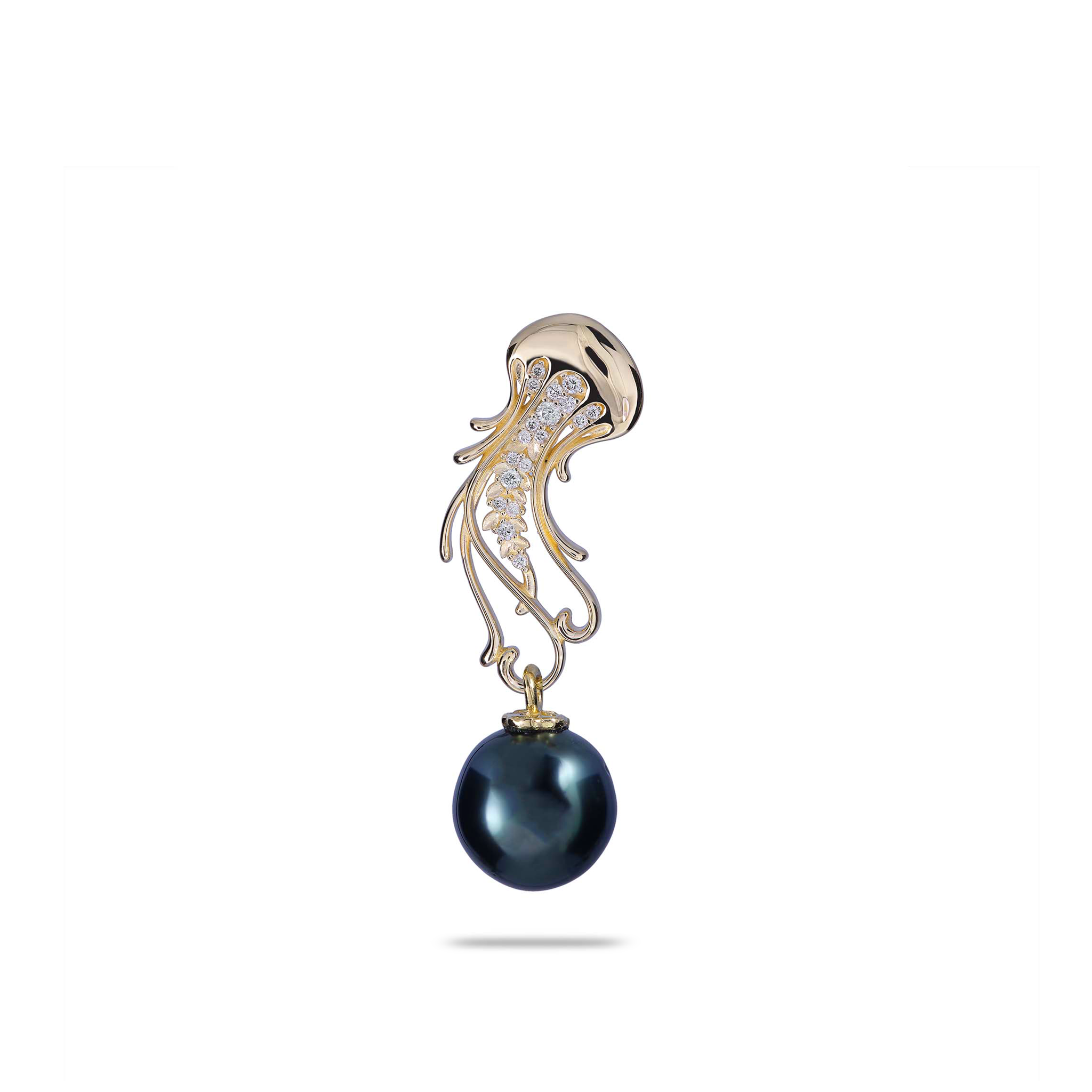 Ocean Dance Jellyfish Tahitian Black Pearl Pendant in Gold with Diamonds - 9-10mm