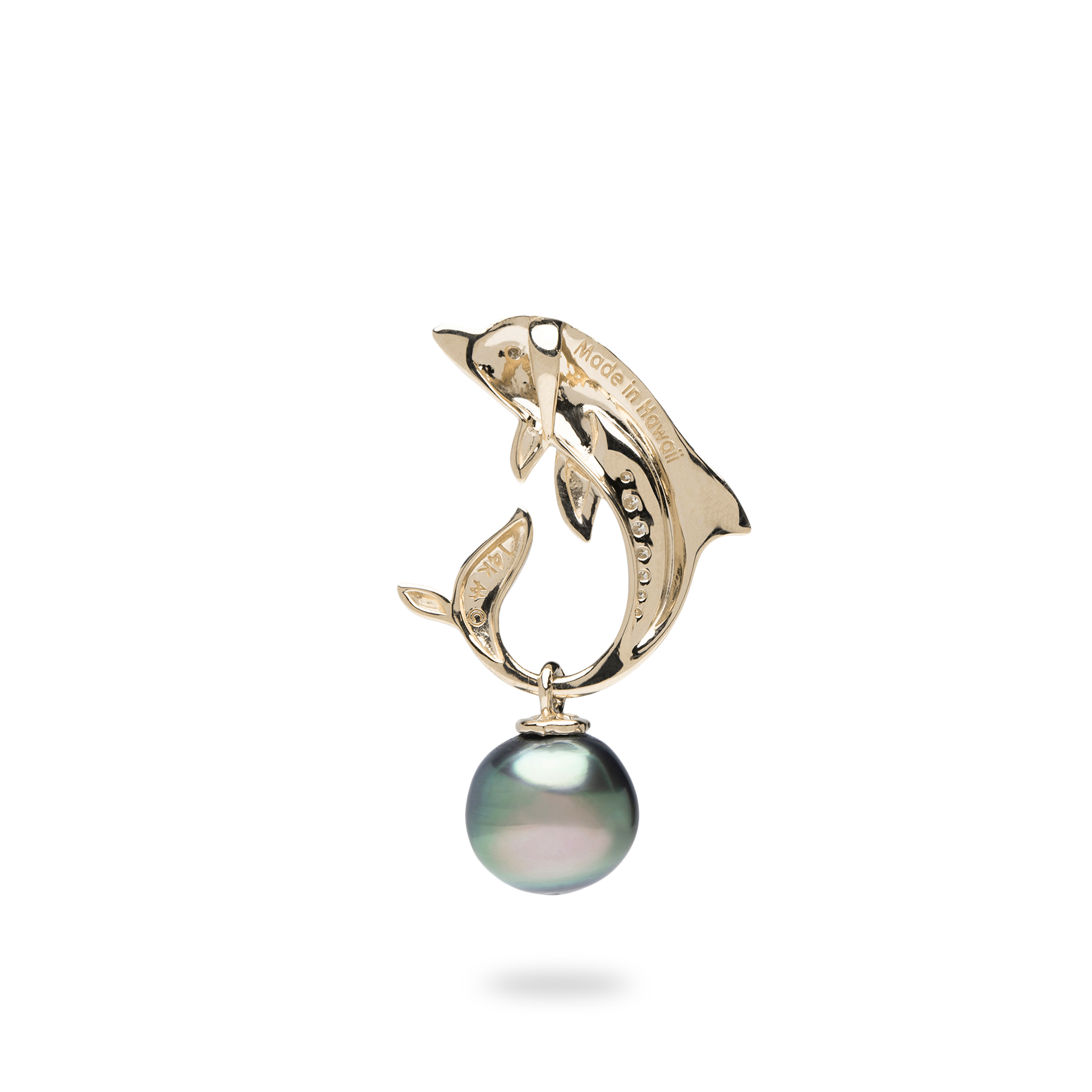 Ocean Dance Dolphin Tahiti-Anhänger mit schwarzer Perle in Gold mit Diamanten – 9–10 mm