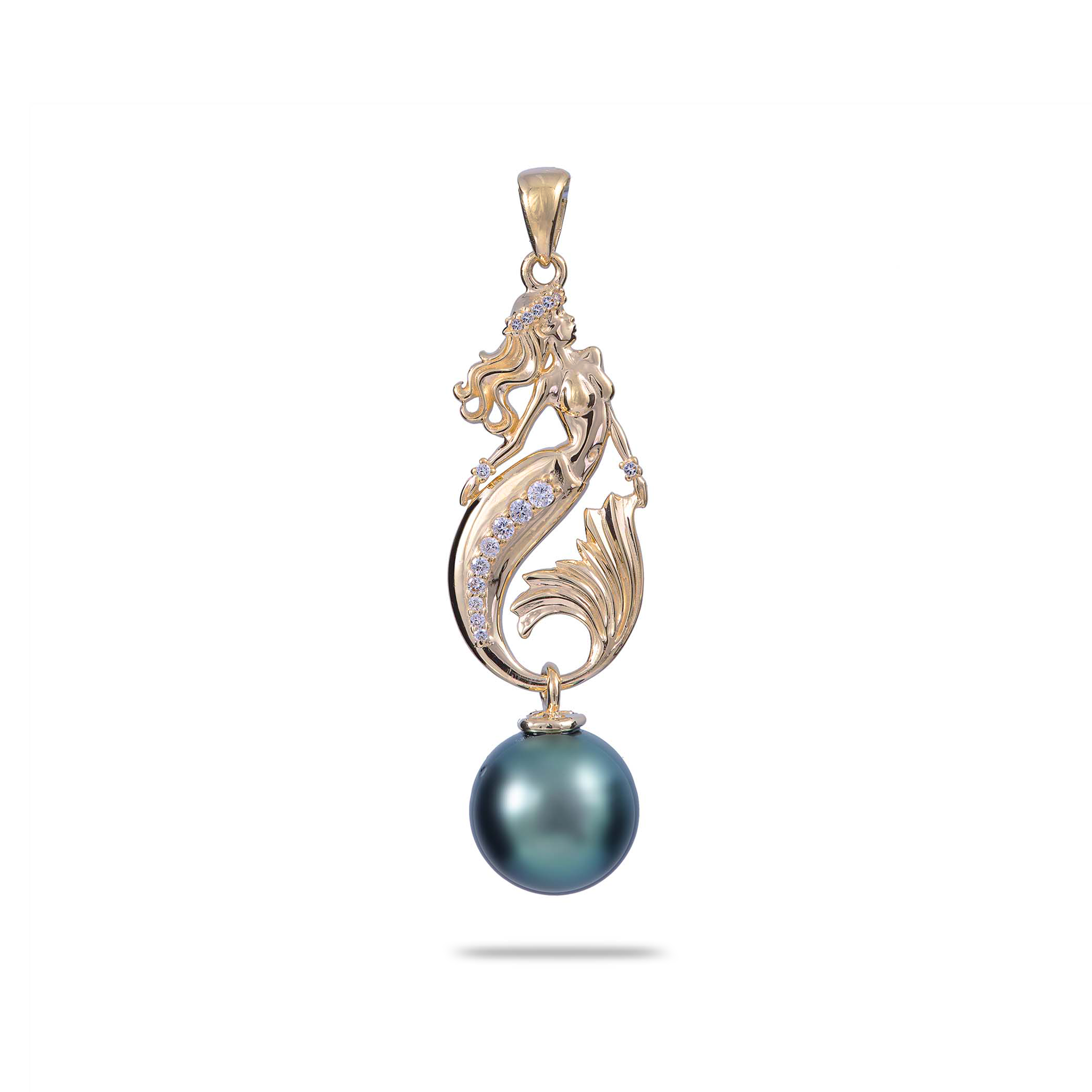 Ocean Dance Mermaid Tahiti-Anhänger mit schwarzer Perle in Gold mit Diamanten – 9–10 mm