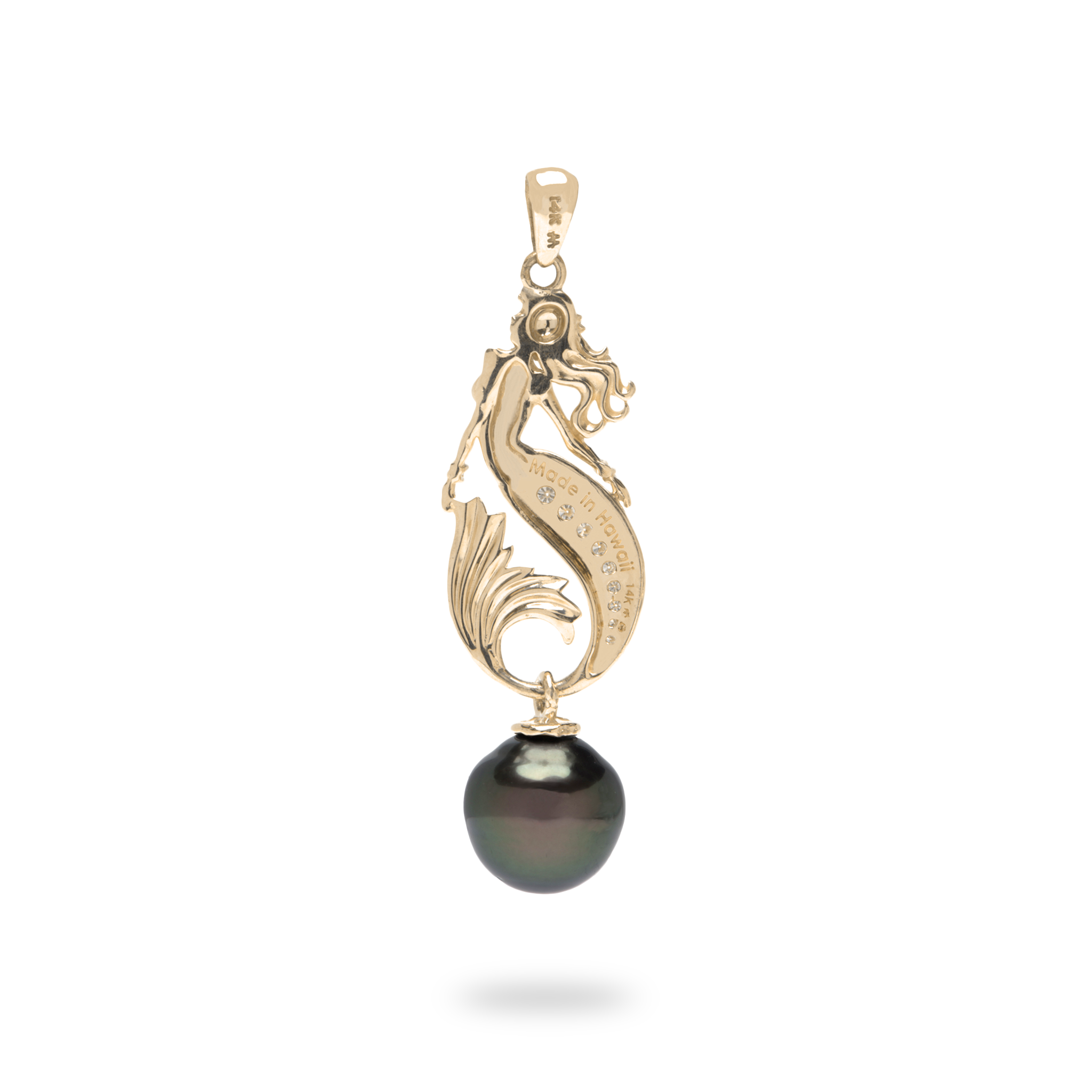 Ocean Dance Mermaid Tahitian Black Pearl Pendant in Gold with Diamonds - 9-10mm