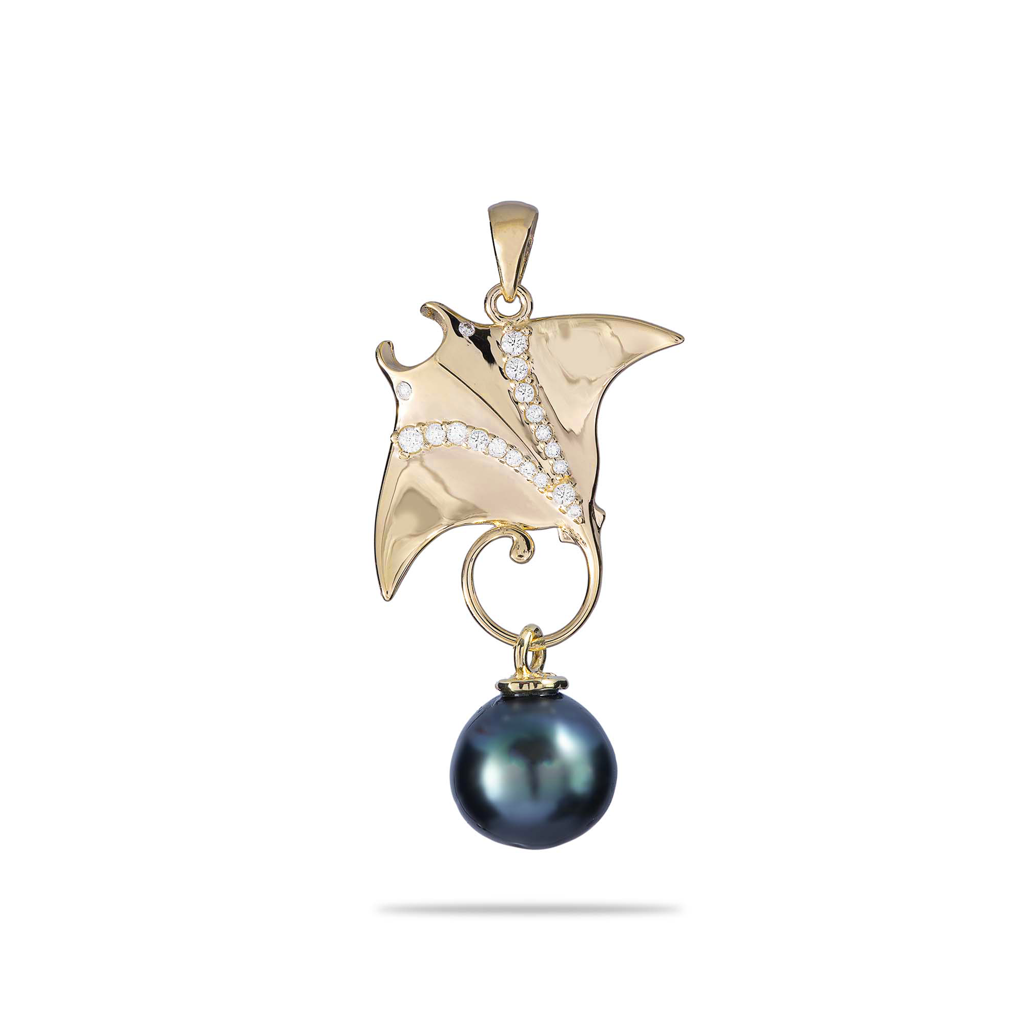 Ocean Dance Manta Ray Tahitian Black Pearl Pendant Gold with Diamonds - 9-10 mm