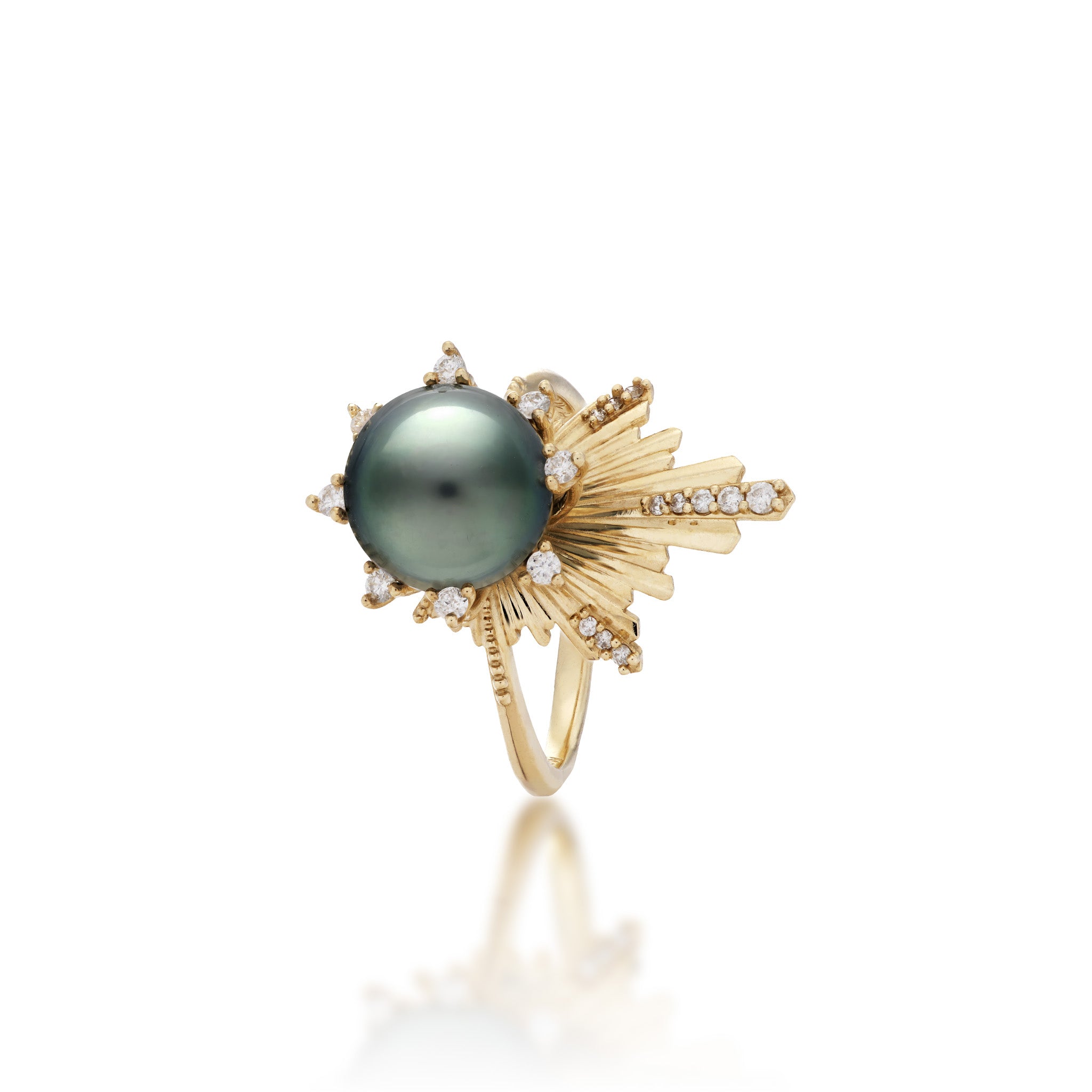 A 14k yellow gold Hawaiian sunrise-inspired ring featuring a 9-10mm Tahitian black pearl at the center, surrounded by rays of gold with rows of diamonds at the top and sides and around the pearl, shown on a white background with a soft reflection.