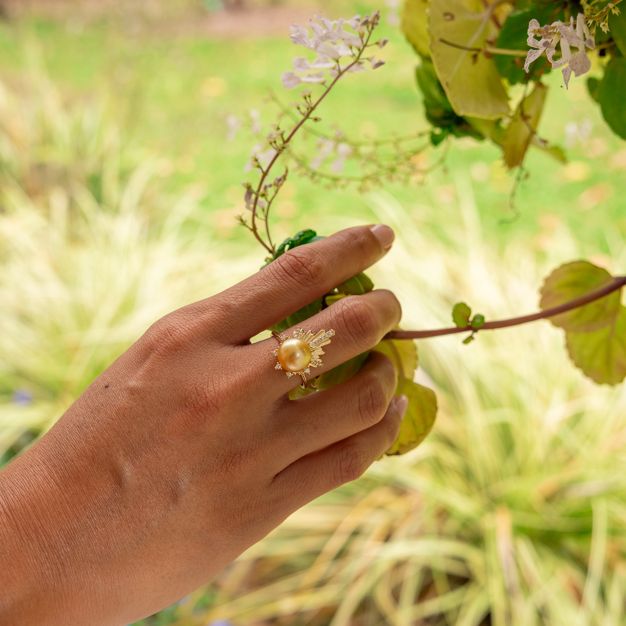 E Hoʻāla South Sea Gold Pearl Ring in Gold mit Diamanten – 21 mm
