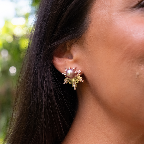E Hoʻāla Lavender Freshwater Pearl Earrings in Rose Gold with Diamonds - 23mm