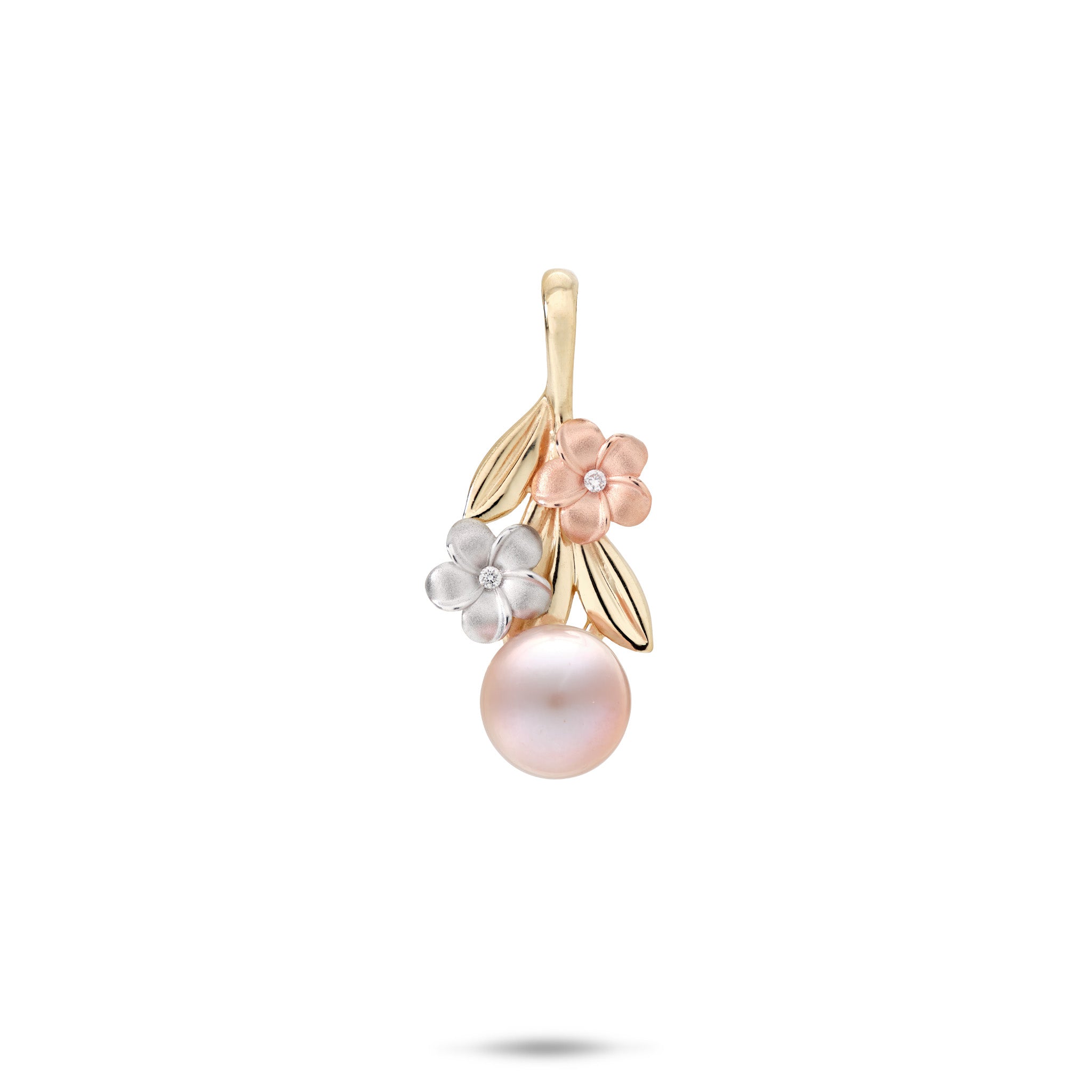 Pearls in Bloom Plumeria 7-8mm Lavender Freshwater Pearl Pendant in Tri Color Gold with Diamonds on a white background